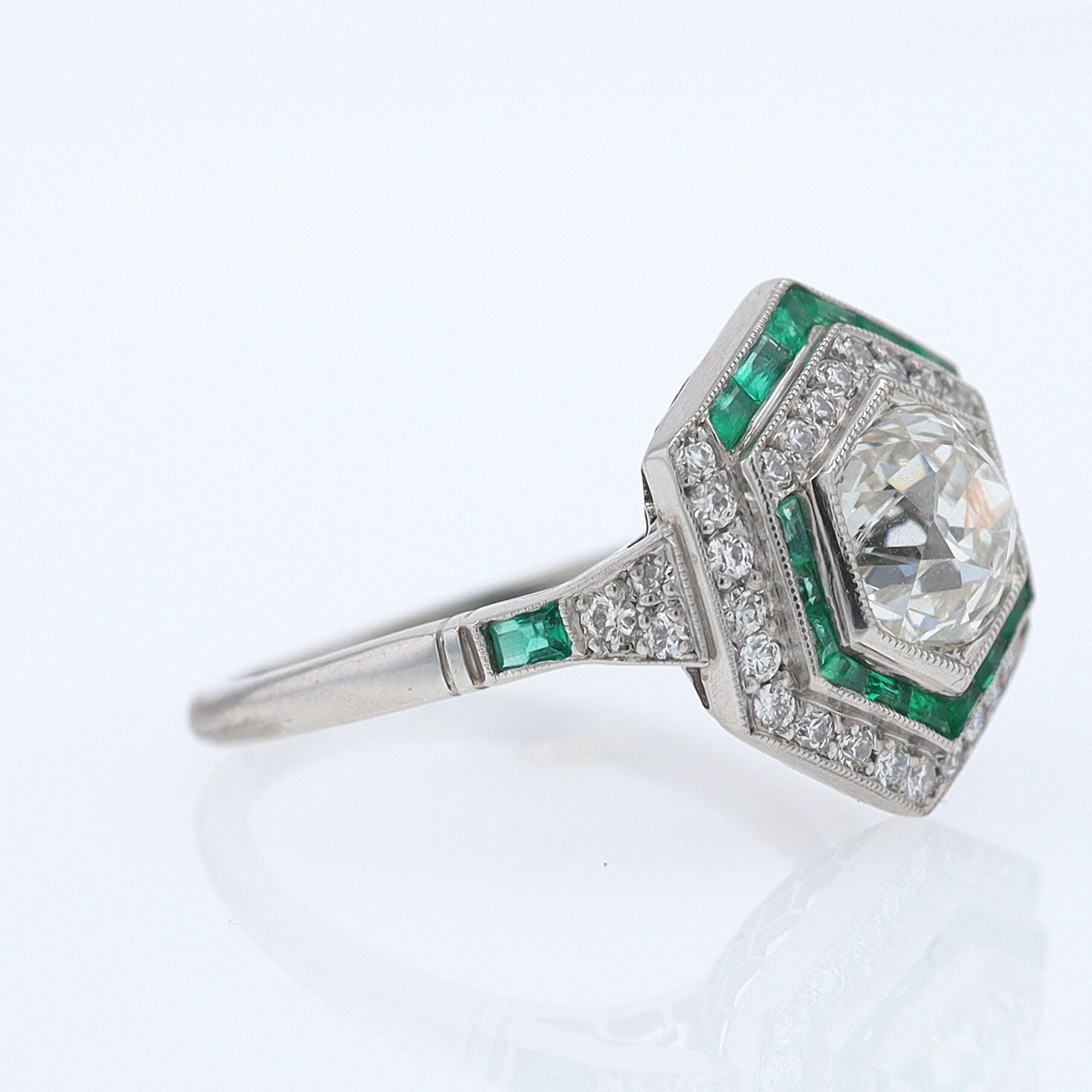 Art Deco Style 1.59 Carat Old Mine Diamond Emerald Engagement Ring