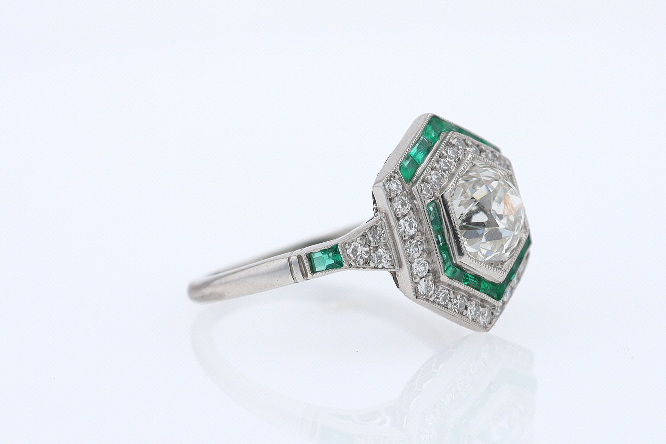 Art Deco Style 1.59 Carat Old Mine Diamond Emerald Engagement Ring