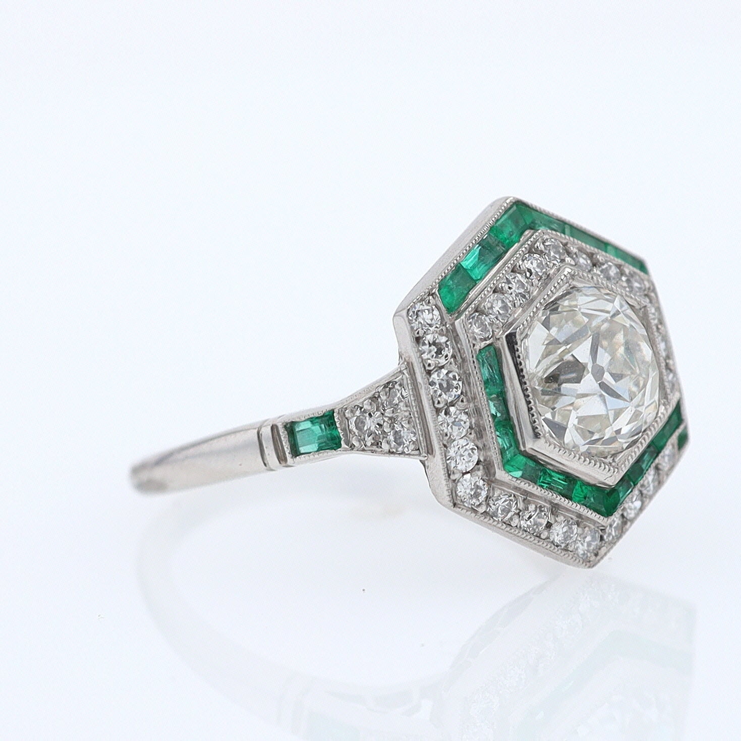 Art Deco Style 1.59 Carat Old Mine Diamond Emerald Engagement Ring