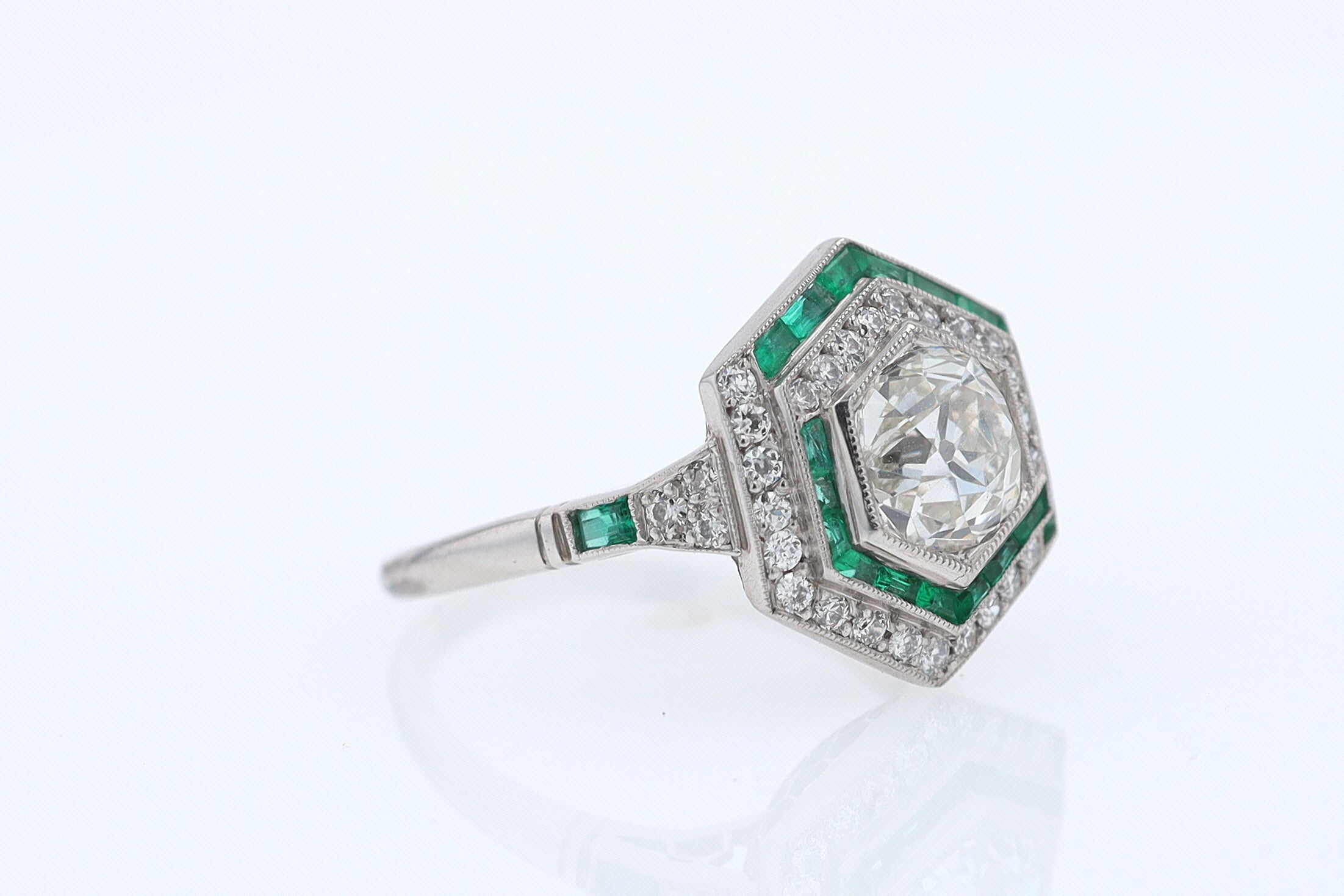 Art Deco Style 1.59 Carat Old Mine Diamond Emerald Engagement Ring