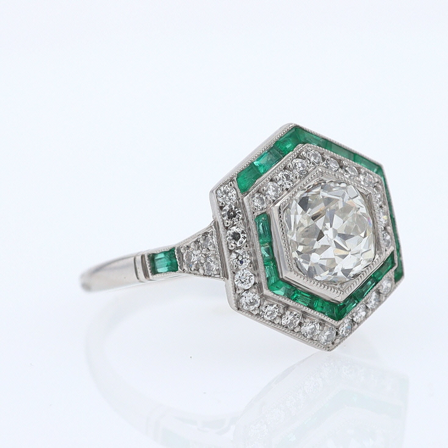 Art Deco Style 1.59 Carat Old Mine Diamond Emerald Engagement Ring