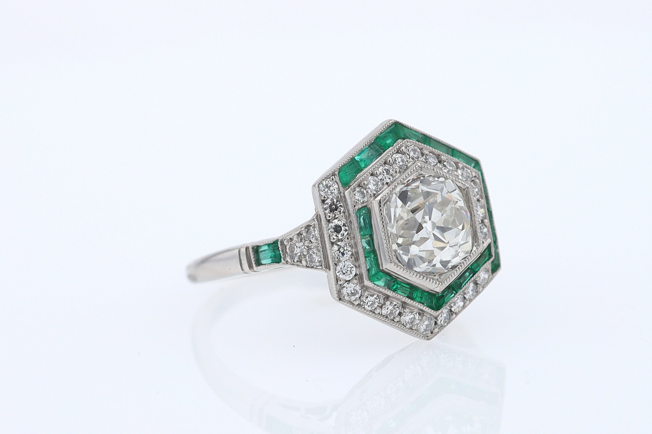 Art Deco Style 1.59 Carat Old Mine Diamond Emerald Engagement Ring