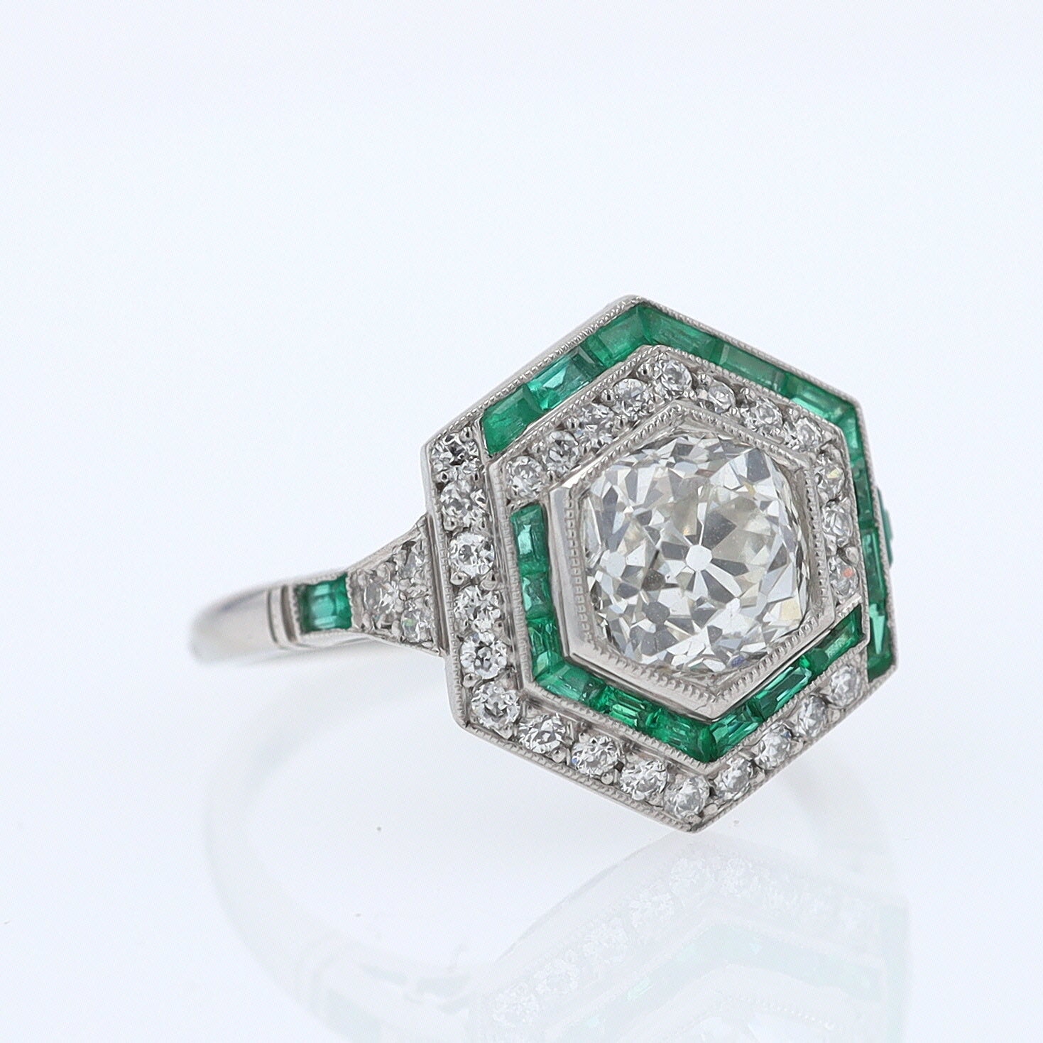 Art Deco Style 1.59 Carat Old Mine Diamond Emerald Engagement Ring