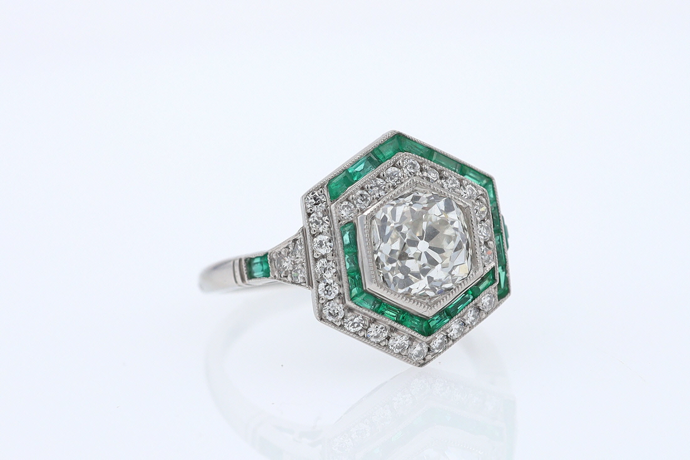 Art Deco Style 1.59 Carat Old Mine Diamond Emerald Engagement Ring