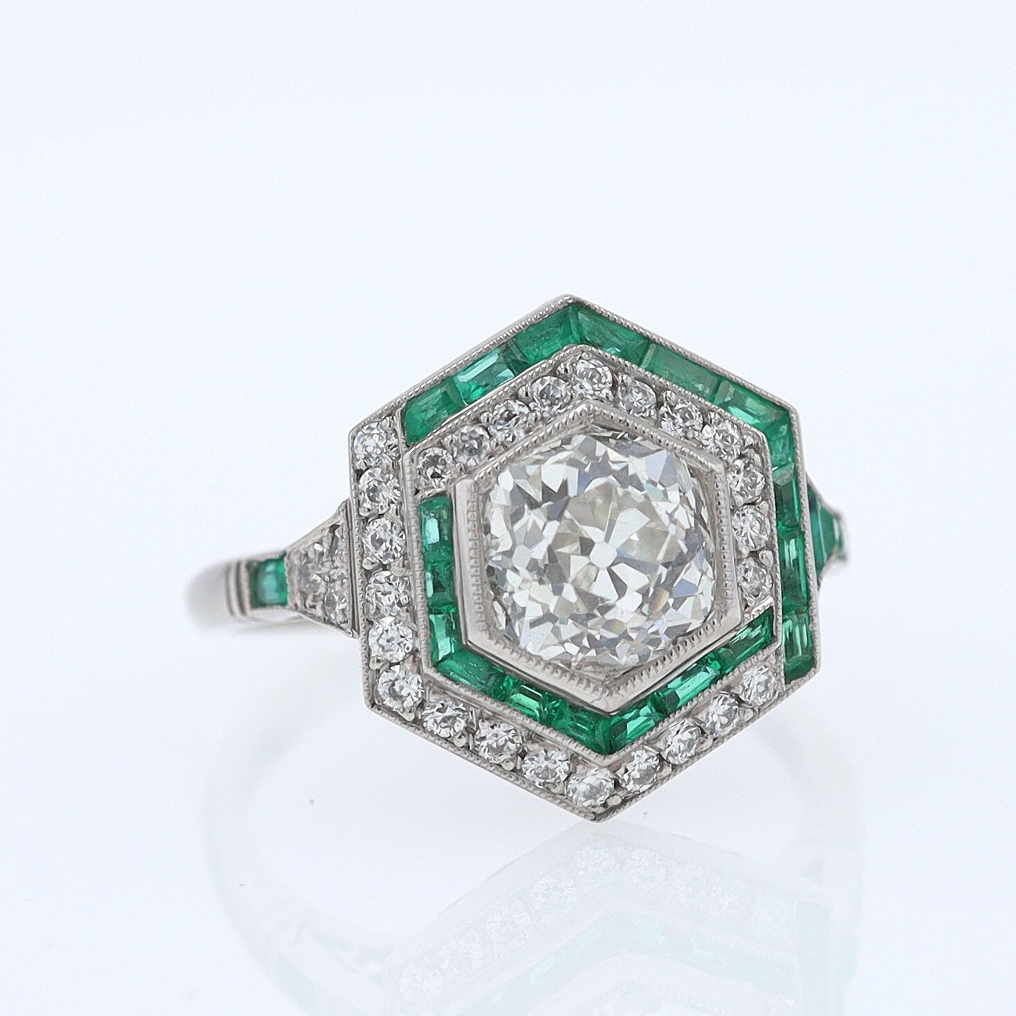 Art Deco Style 1.59 Carat Old Mine Diamond Emerald Engagement Ring