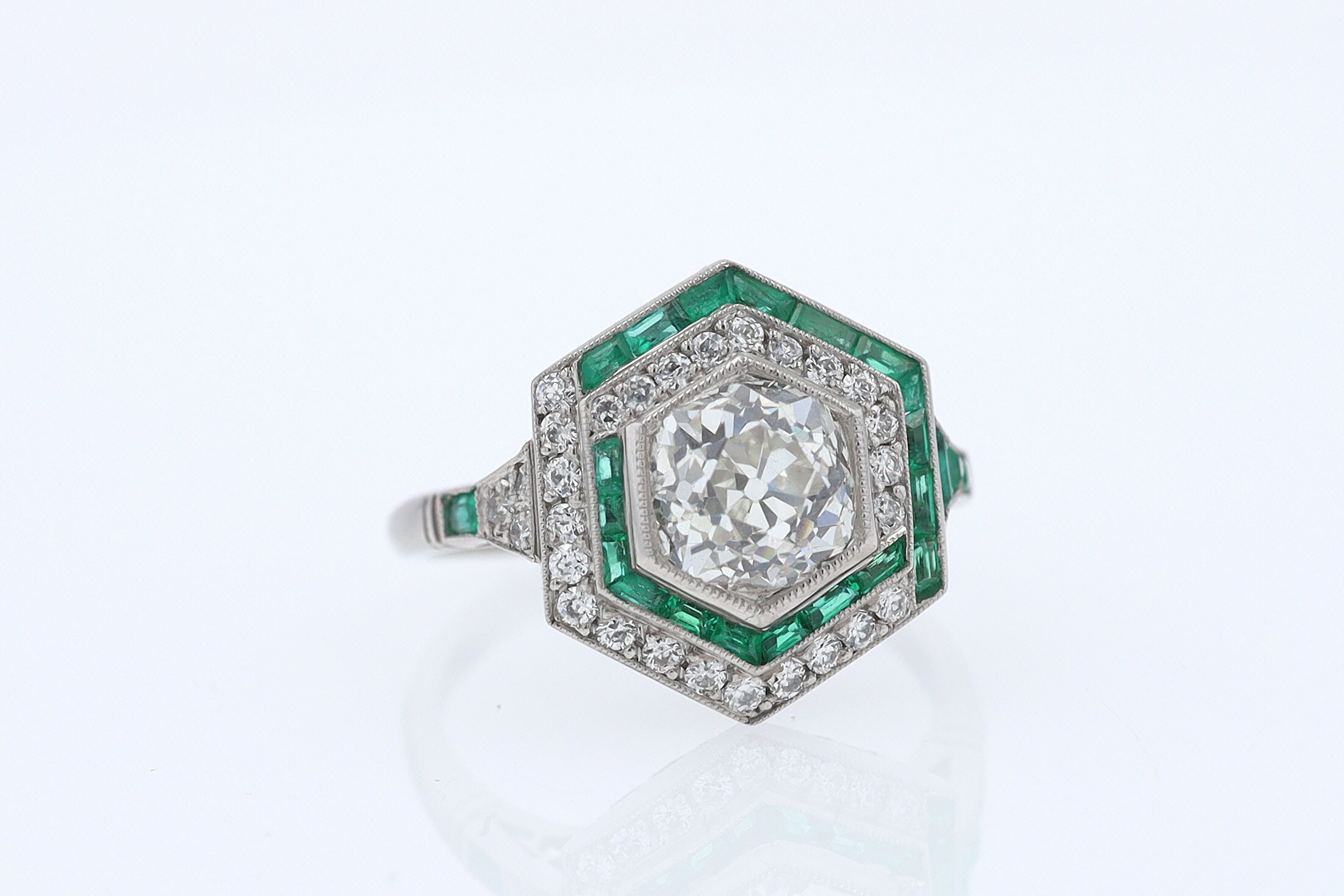 Art Deco Style 1.59 Carat Old Mine Diamond Emerald Engagement Ring