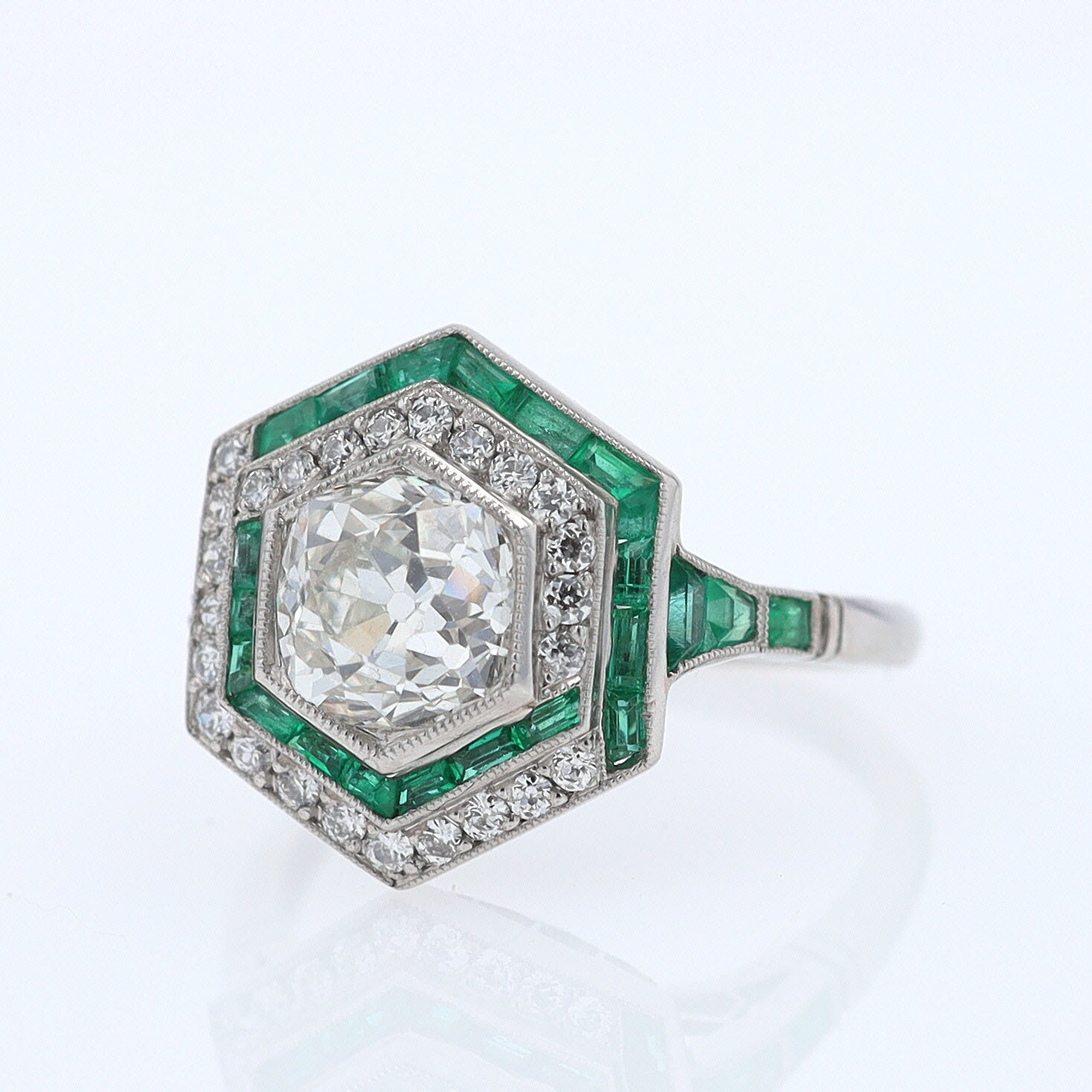 Art Deco Style 1.59 Carat Old Mine Diamond Emerald Engagement Ring