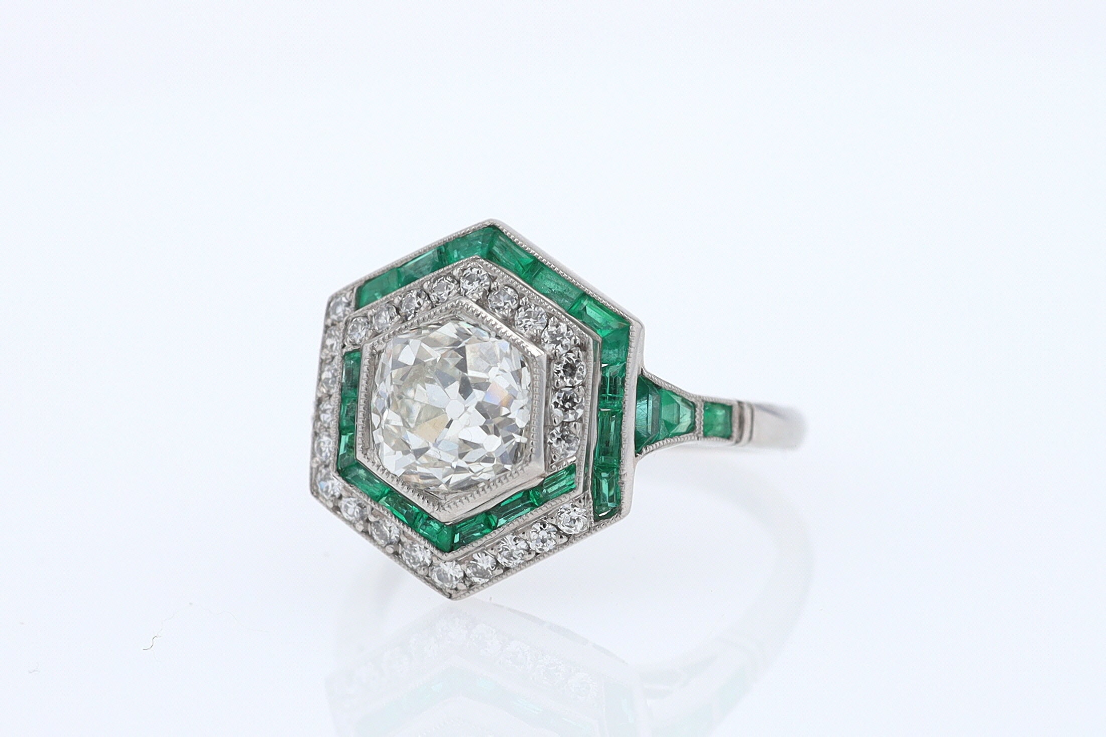 Art Deco Style 1.59 Carat Old Mine Diamond Emerald Engagement Ring