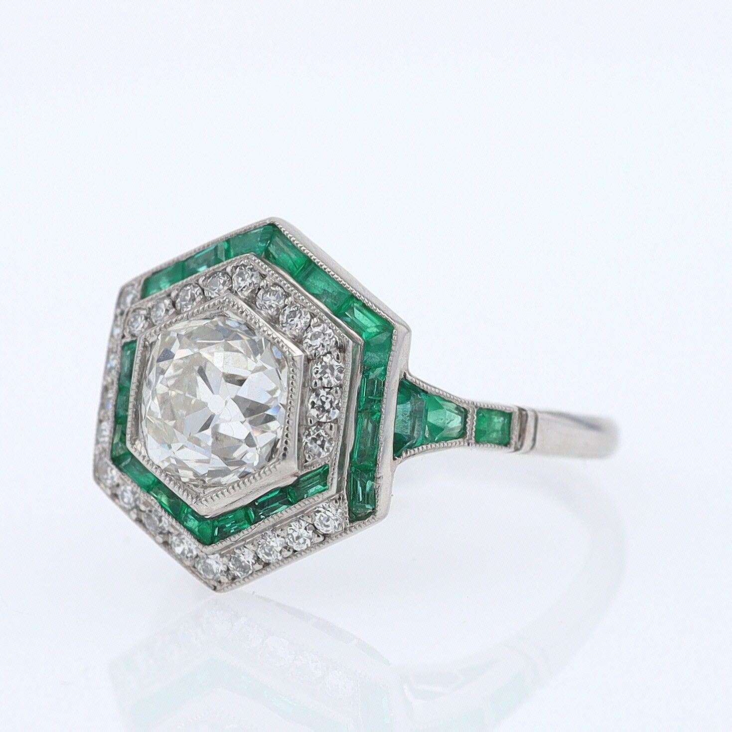 Art Deco Style 1.59 Carat Old Mine Diamond Emerald Engagement Ring