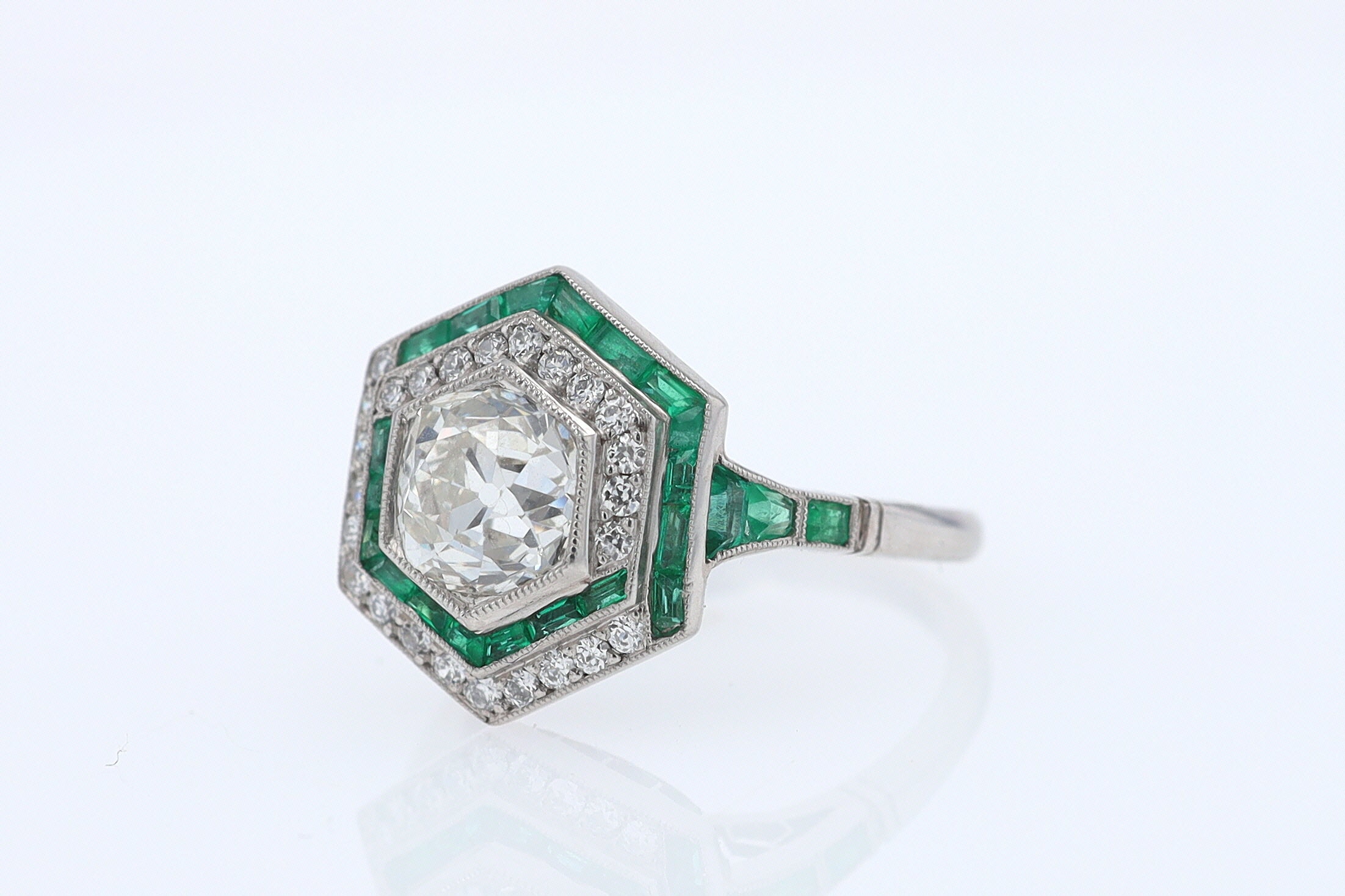 Art Deco Style 1.59 Carat Old Mine Diamond Emerald Engagement Ring