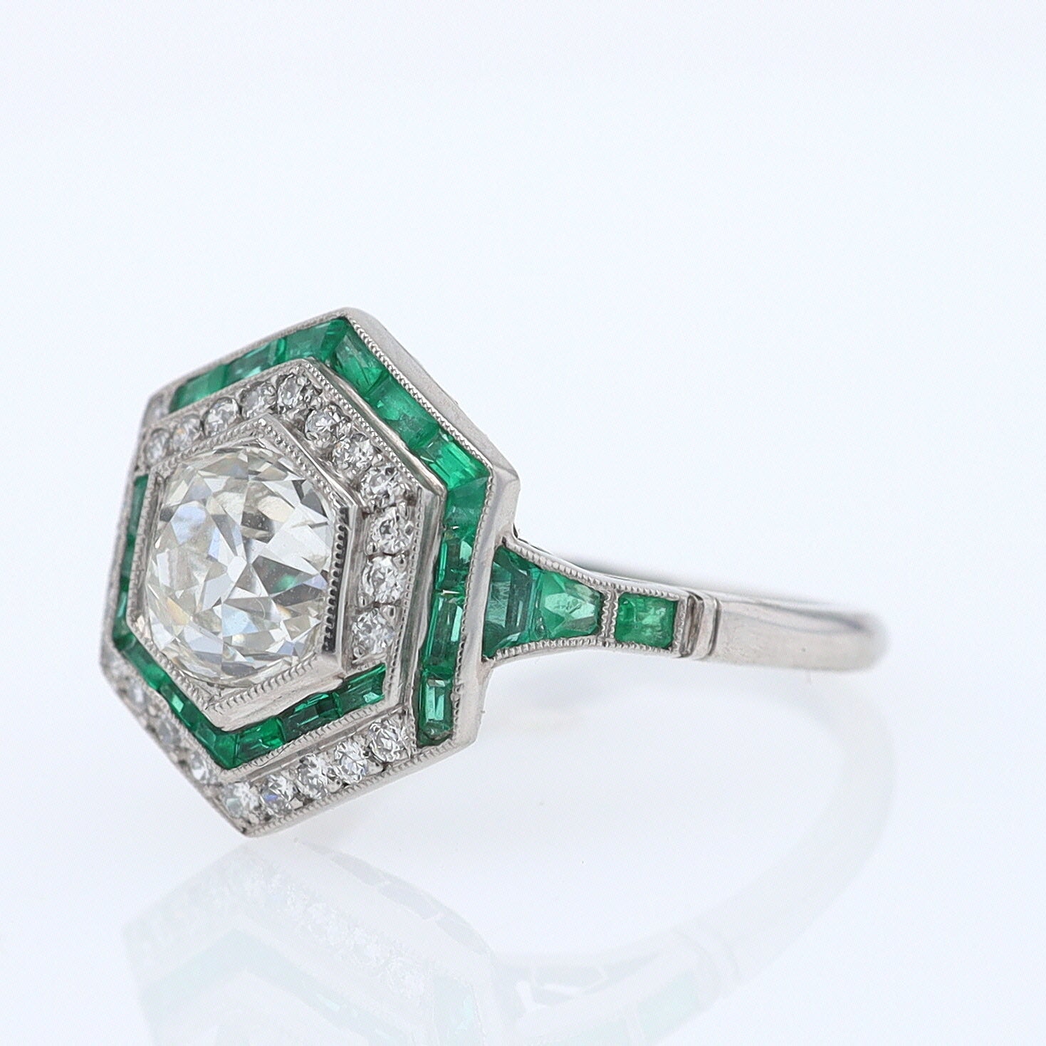 Art Deco Style 1.59 Carat Old Mine Diamond Emerald Engagement Ring