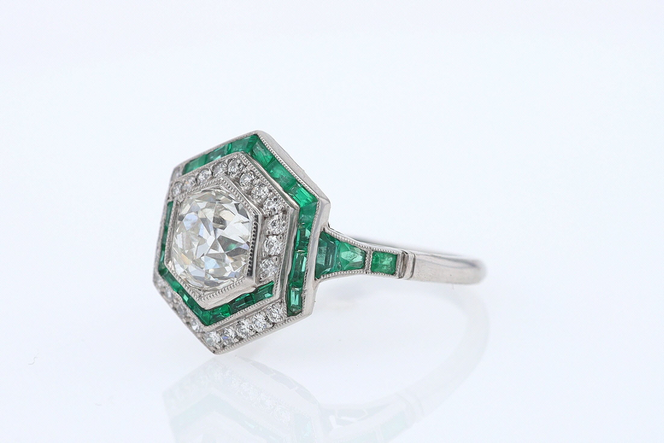 Art Deco Style 1.59 Carat Old Mine Diamond Emerald Engagement Ring