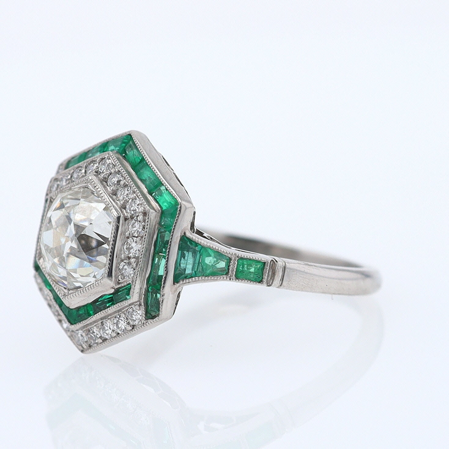 Art Deco Style 1.59 Carat Old Mine Diamond Emerald Engagement Ring