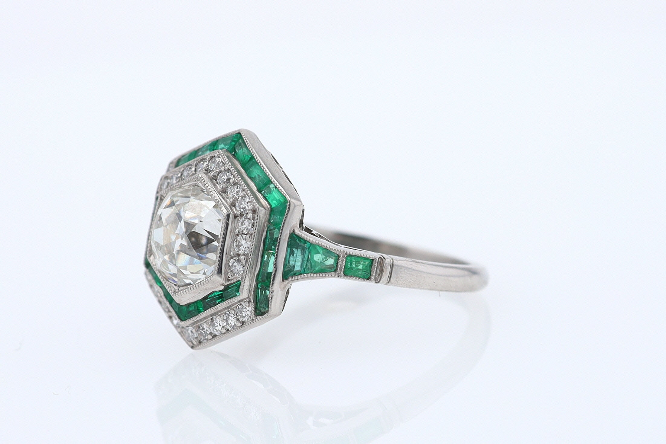 Art Deco Style 1.59 Carat Old Mine Diamond Emerald Engagement Ring