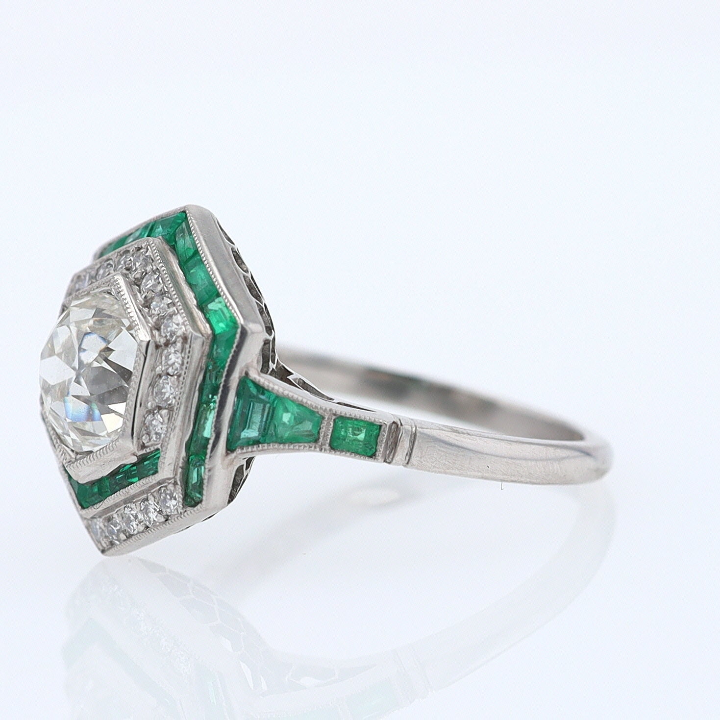 Art Deco Style 1.59 Carat Old Mine Diamond Emerald Engagement Ring