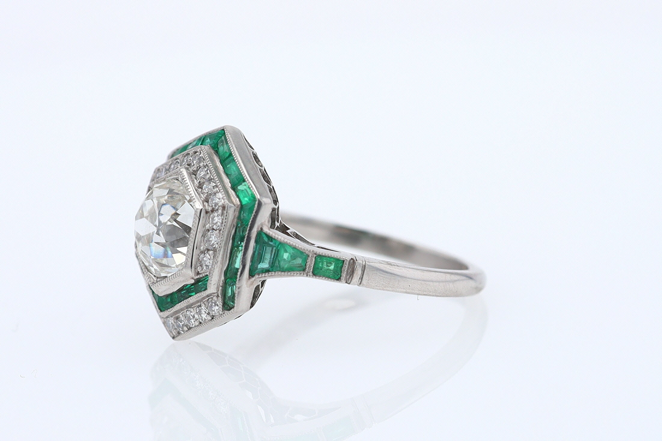 Art Deco Style 1.59 Carat Old Mine Diamond Emerald Engagement Ring