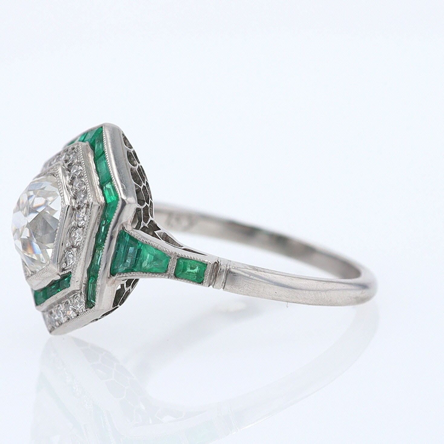 Art Deco Style 1.59 Carat Old Mine Diamond Emerald Engagement Ring