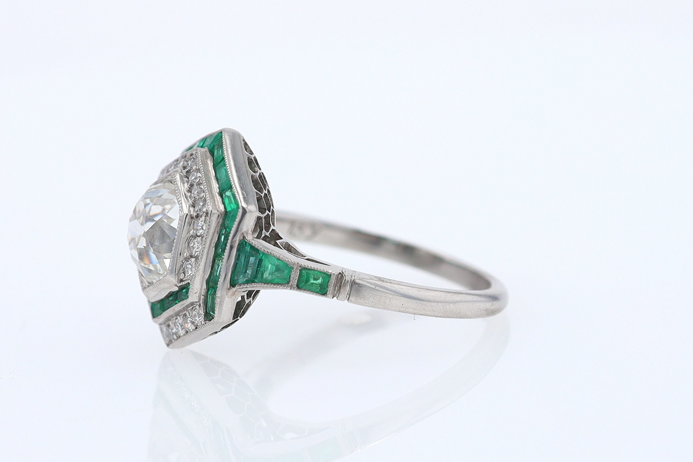Art Deco Style 1.59 Carat Old Mine Diamond Emerald Engagement Ring