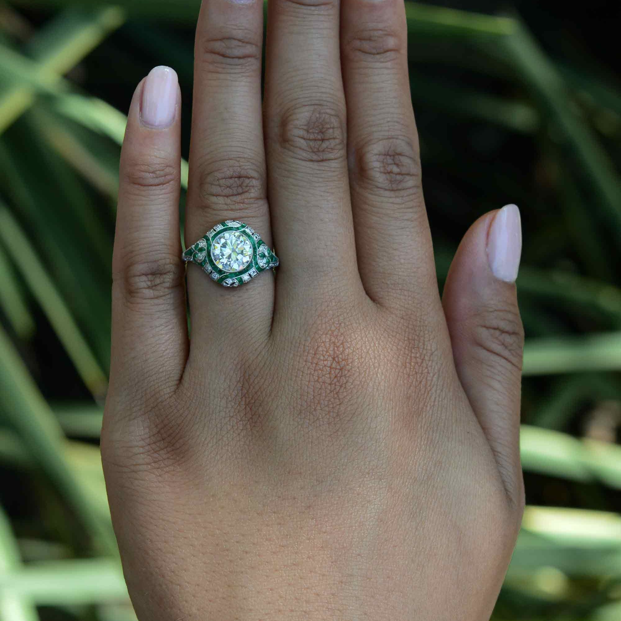 Art Deco Style 1.84 Carat G VS2 Diamond Emerald Engagement Ring