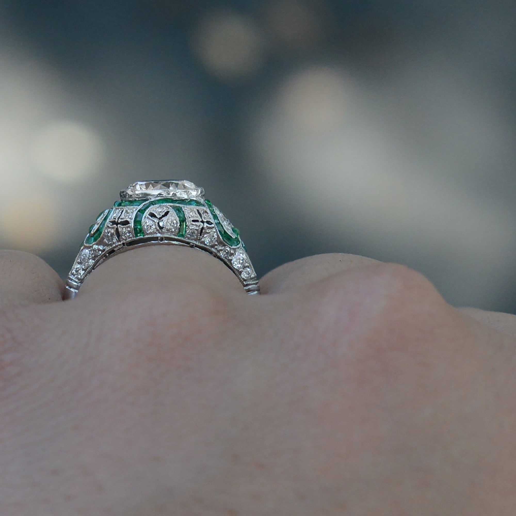 Art Deco Style 1.84 Carat G VS2 Diamond Emerald Engagement Ring