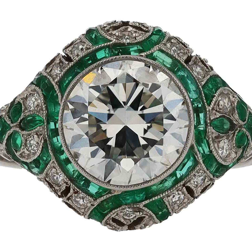 Art Deco Style 1.84 Carat G VS2 Diamond Emerald Engagement Ring