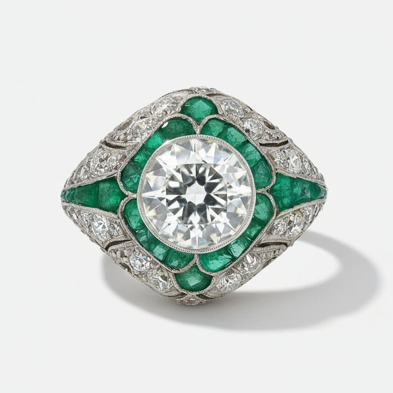 2.94 Carat Old European Cut Diamond and Emerald Bombe Ring