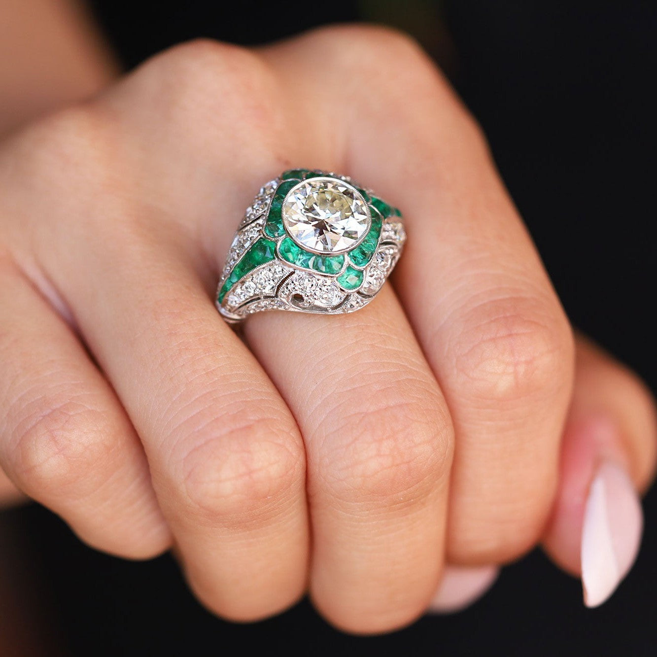 2.94 Carat Old European Cut Diamond and Emerald Bombe Ring