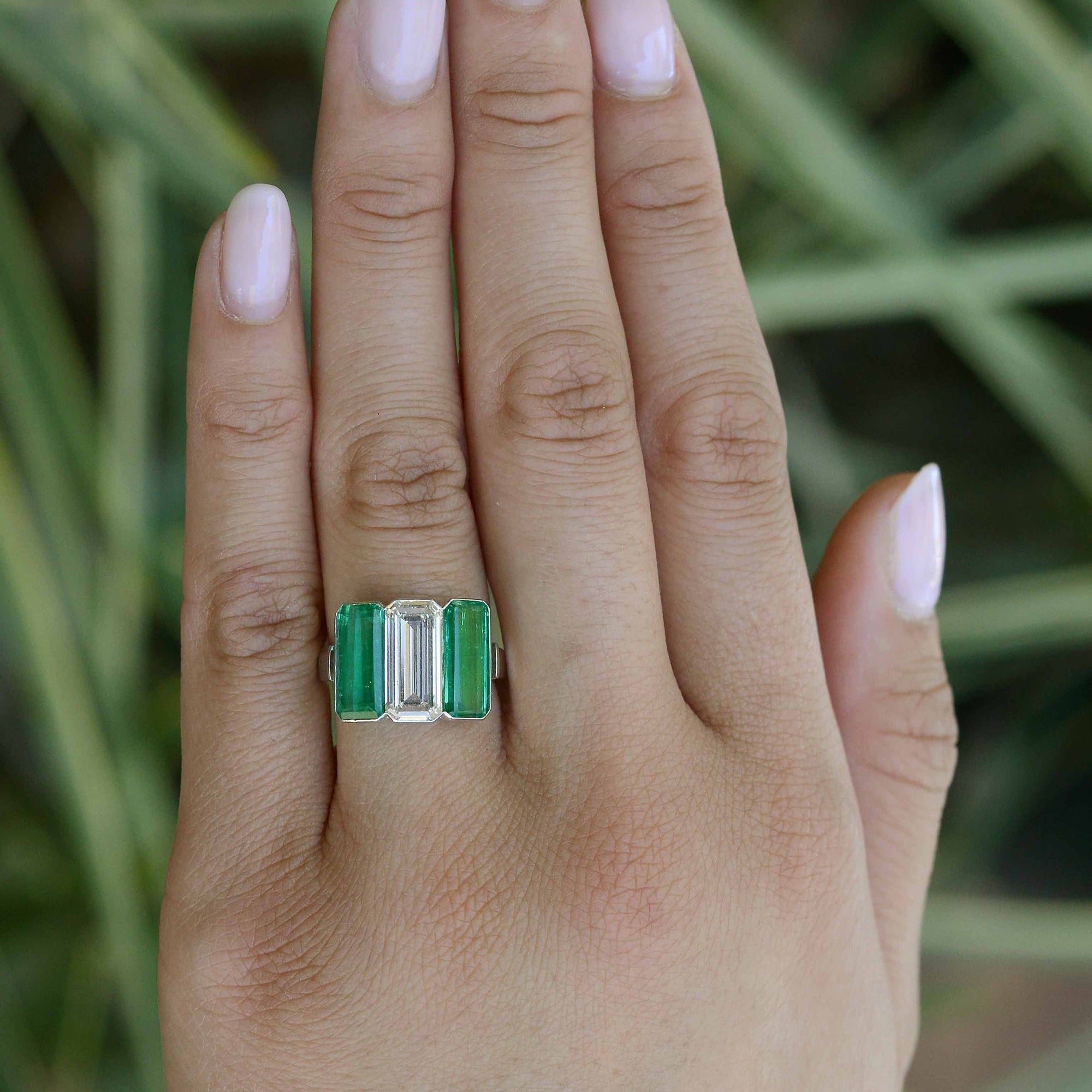 Art Deco Style 3 Stone 7 Carat Emerald Diamond Engagement Ring