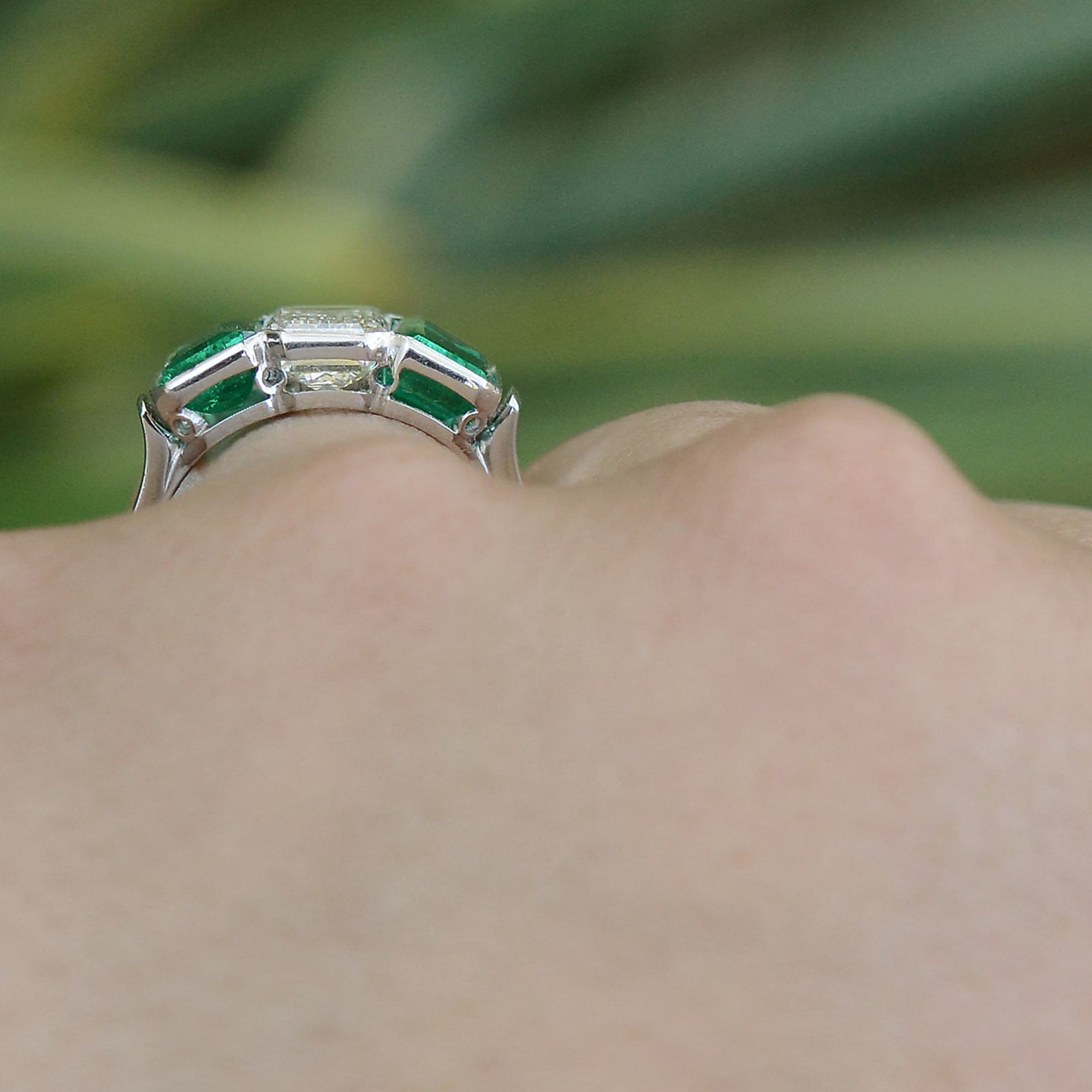Art Deco Style 3 Stone 7 Carat Emerald Diamond Engagement Ring