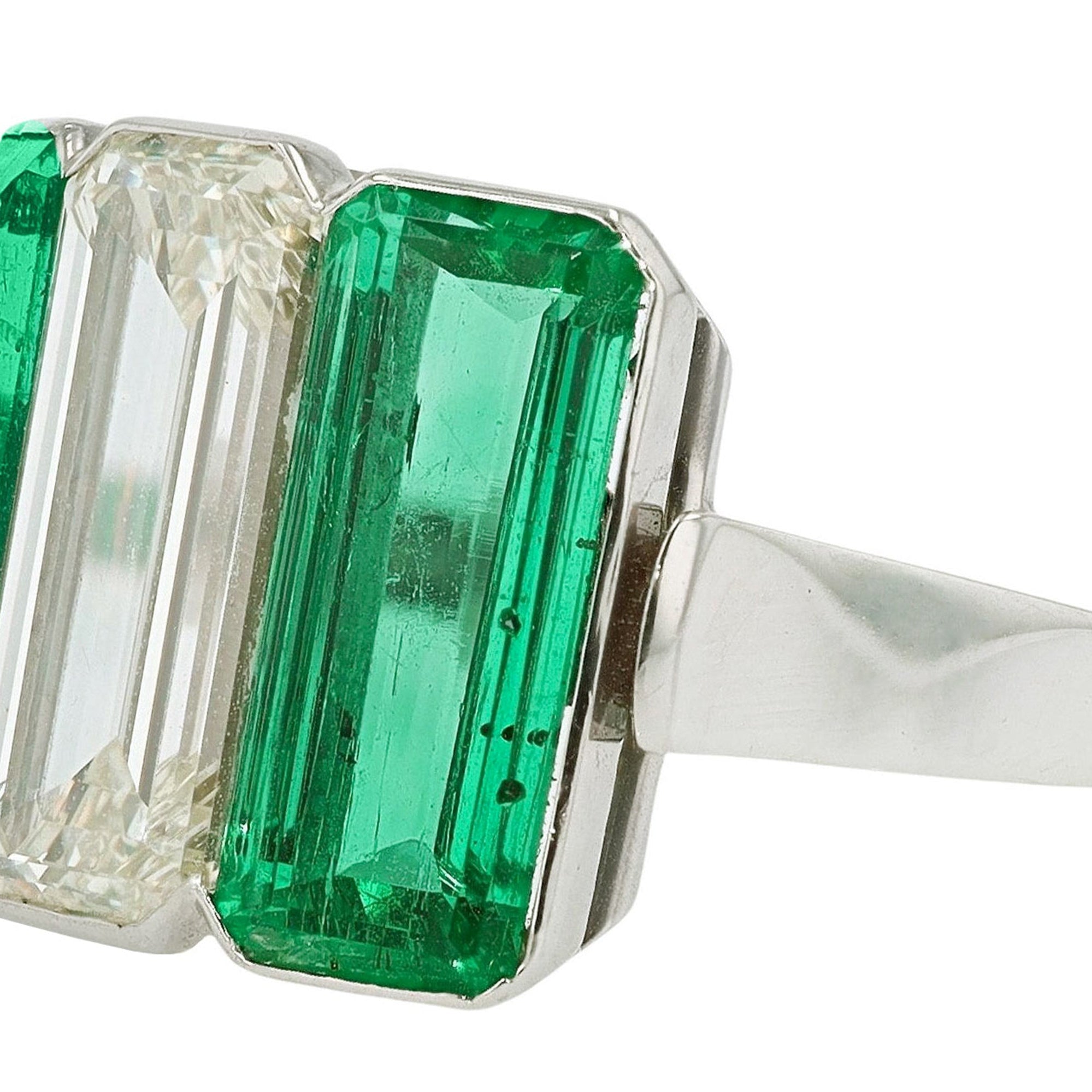 Art Deco Style 3 Stone 7 Carat Emerald Diamond Engagement Ring