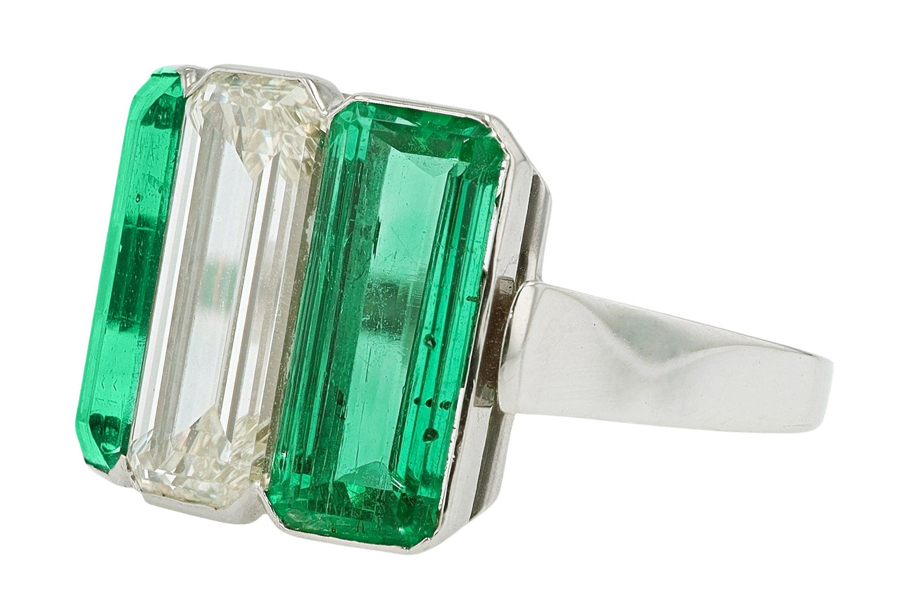 Art Deco Style 3 Stone 7 Carat Emerald Diamond Engagement Ring