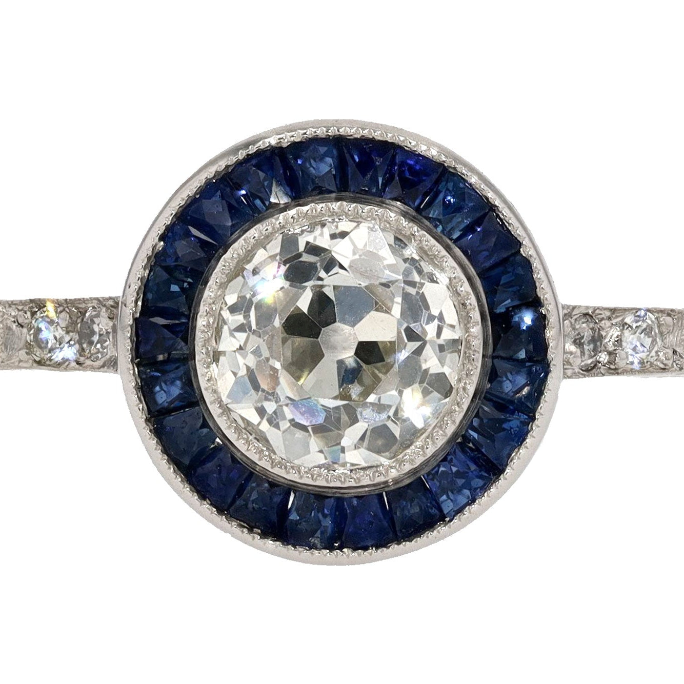 Art Deco Style Antique Diamond and Sapphire Halo Engagement Ring
