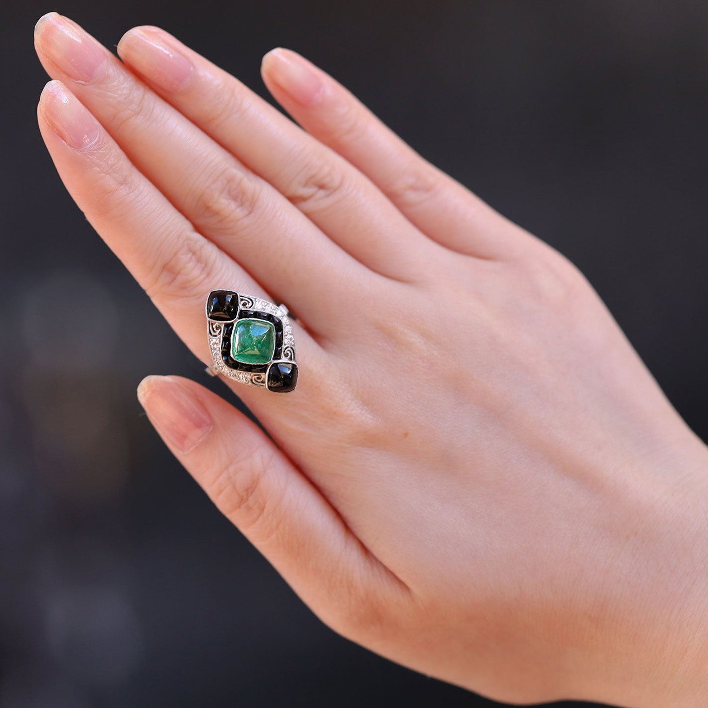 Art Deco Style Columbian Emerald Onyx & Diamond Cocktail Ring