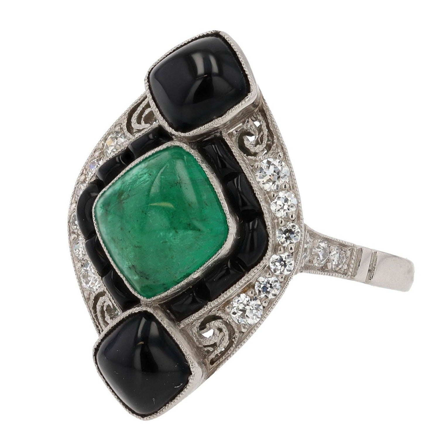Art Deco Style Columbian Emerald Onyx & Diamond Cocktail Ring