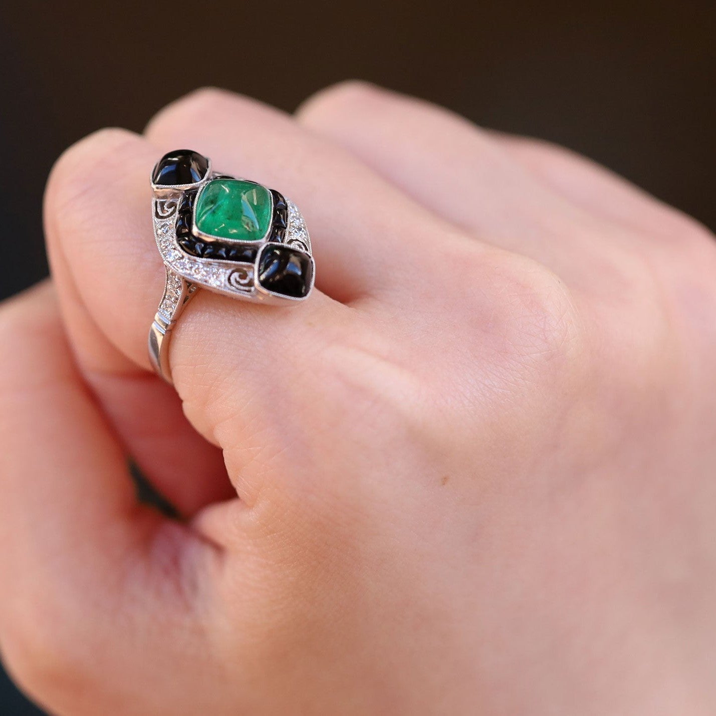 Art Deco Style Columbian Emerald Onyx & Diamond Cocktail Ring
