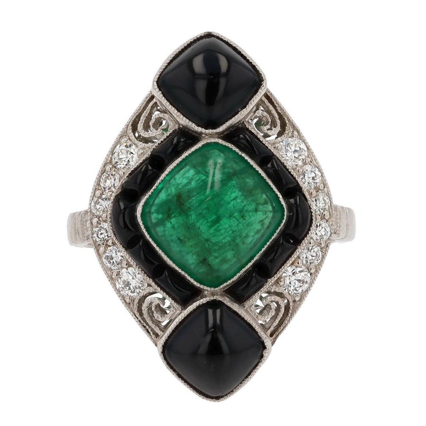 Art Deco Style Columbian Emerald Onyx & Diamond Cocktail Ring