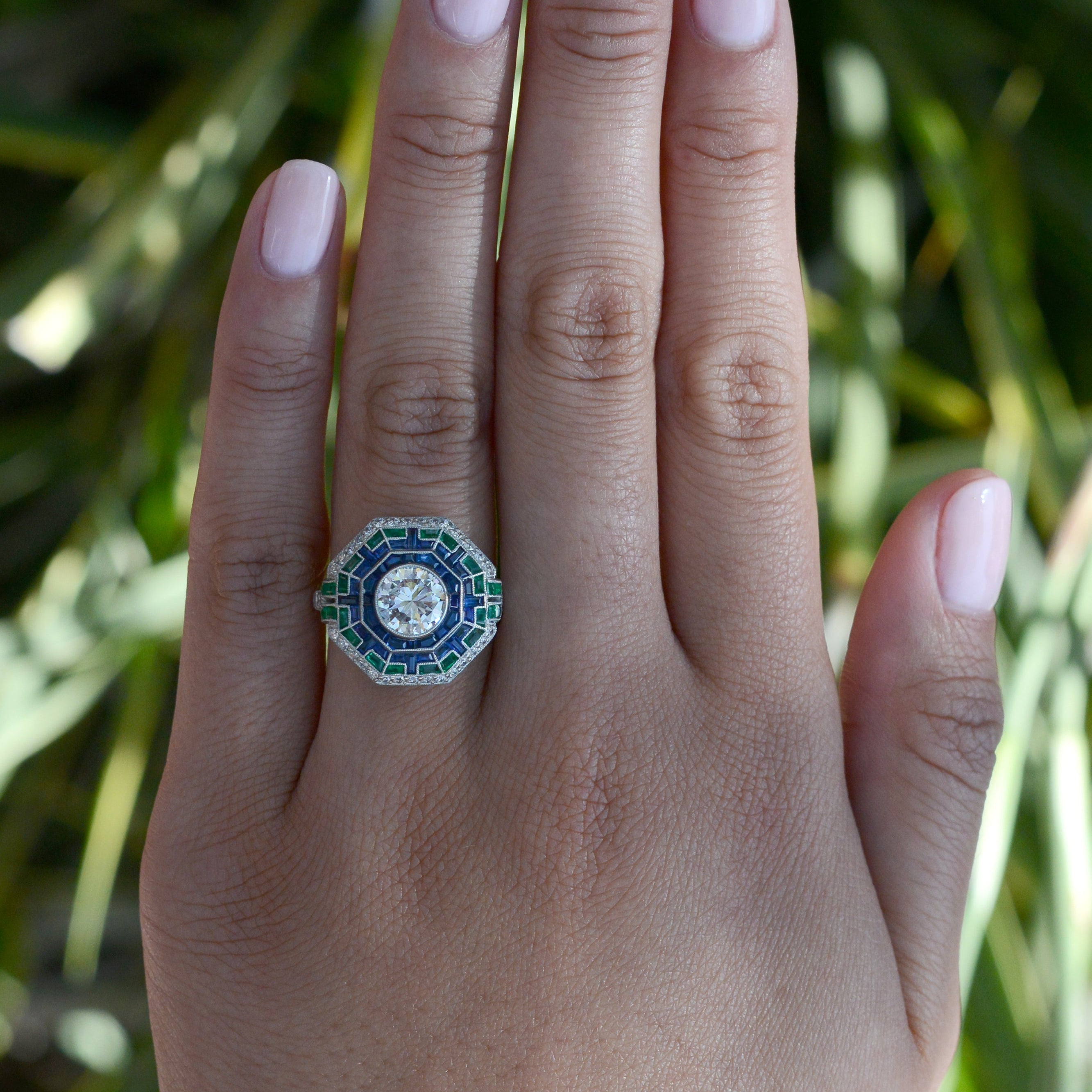 Art Deco Style Diamond Emerald Sapphire Mosaic Cocktail Ring