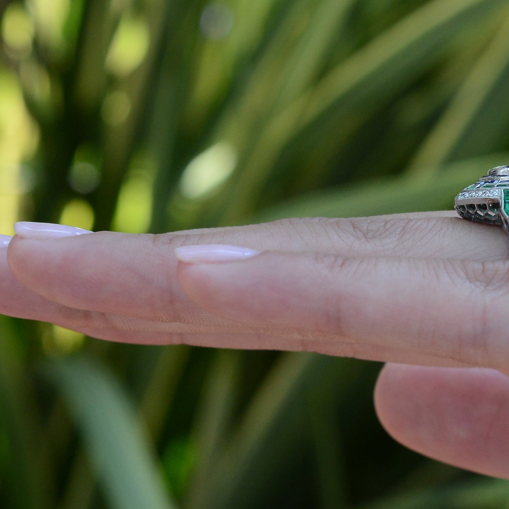 Art Deco Style Diamond Emerald Sapphire Mosaic Cocktail Ring