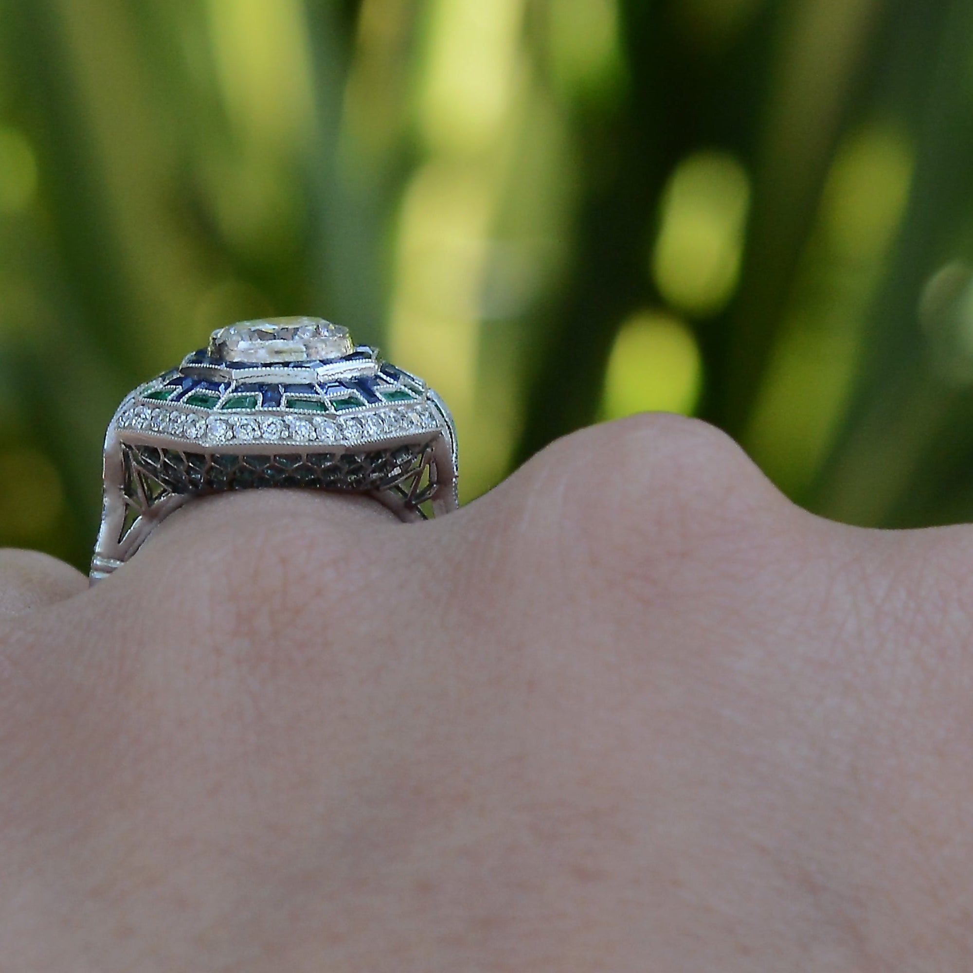 Art Deco Style Diamond Emerald Sapphire Mosaic Cocktail Ring