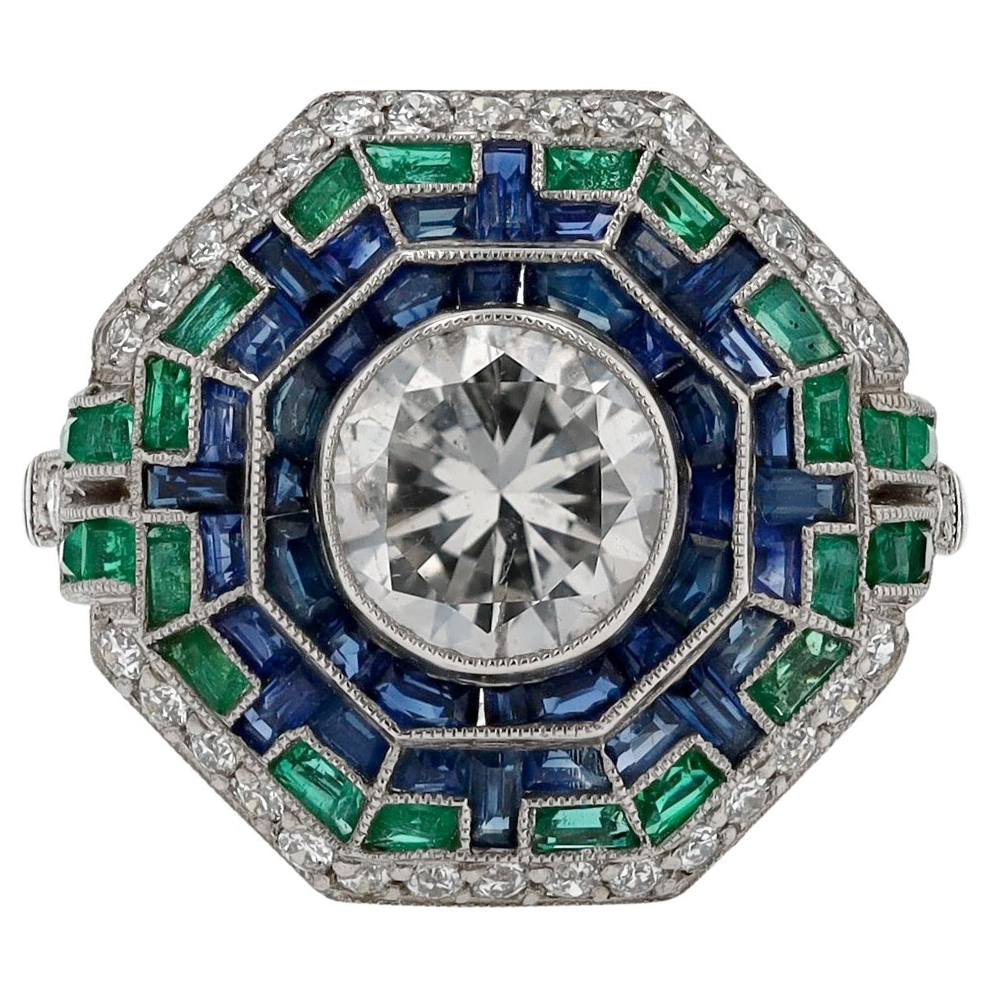 Art Deco Style Diamond Emerald Sapphire Mosaic Cocktail Ring