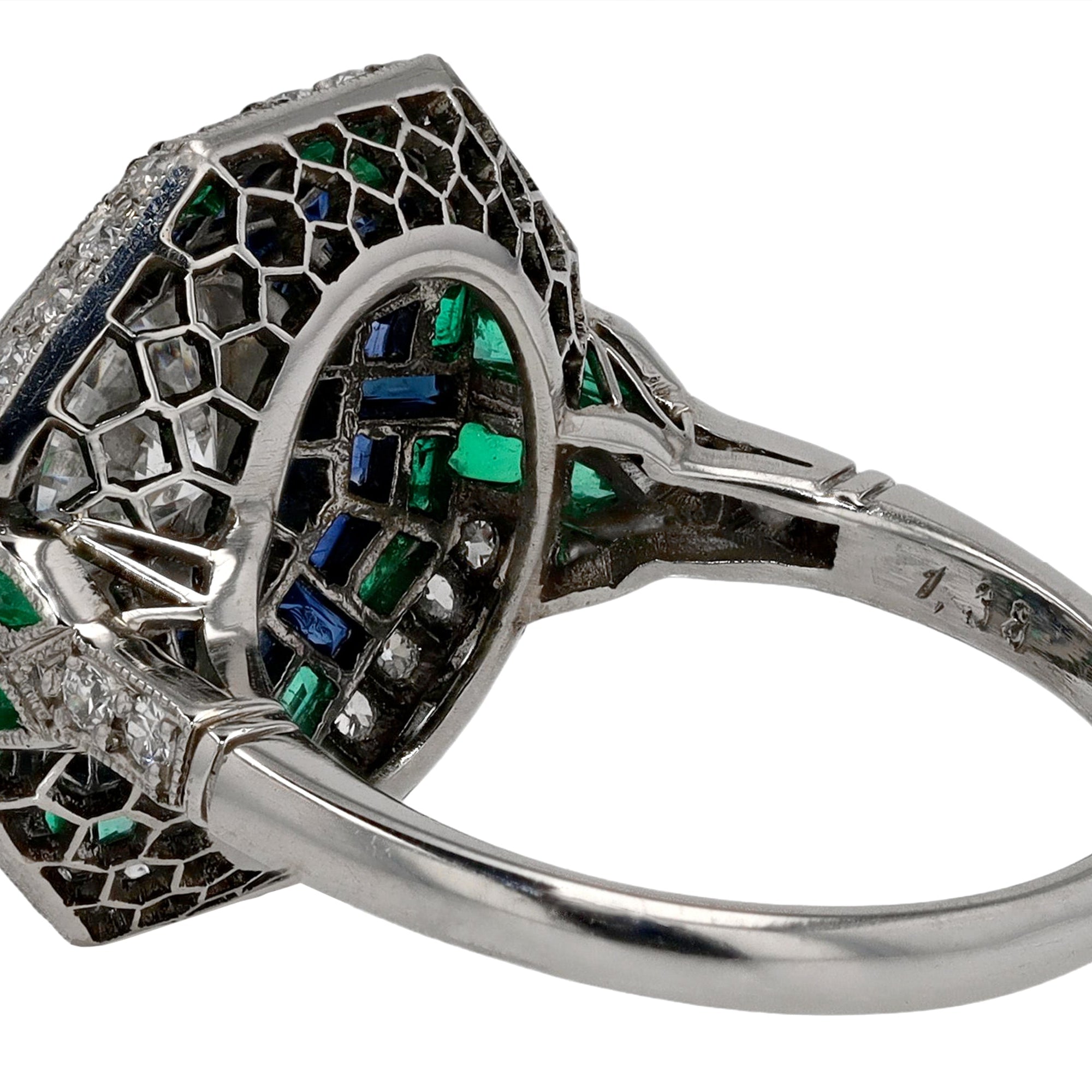 Art Deco Style Diamond Emerald Sapphire Mosaic Cocktail Ring
