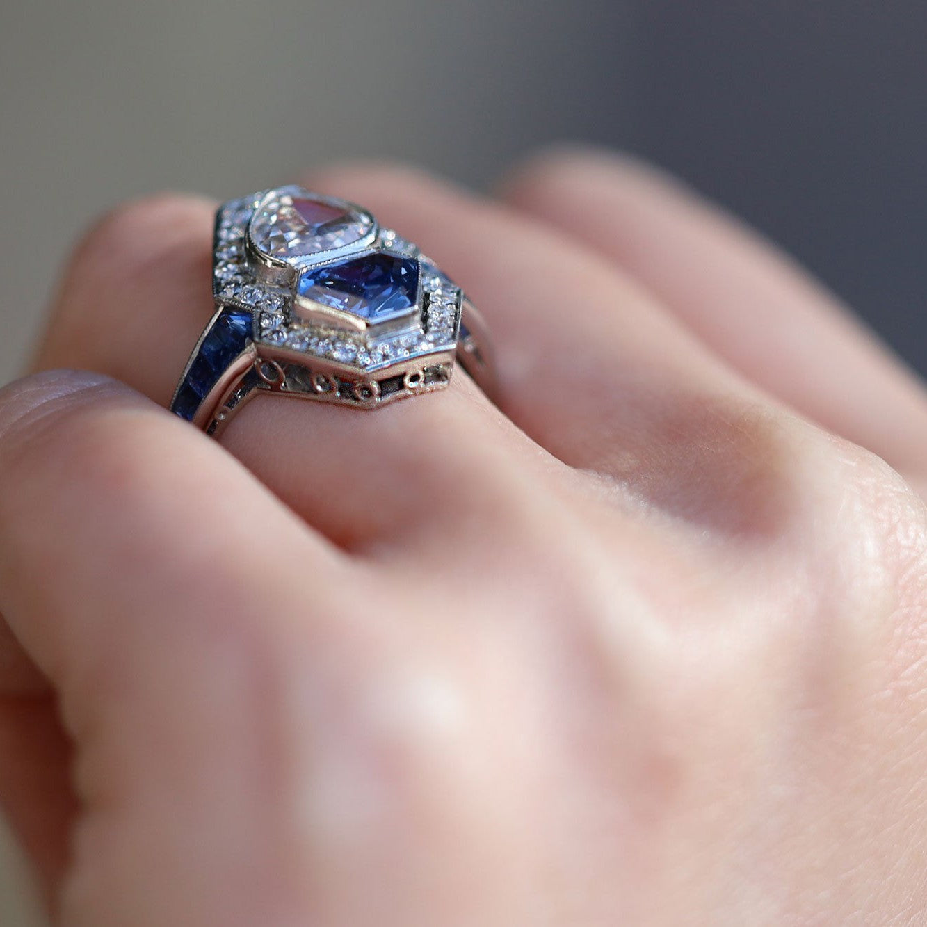 Art Deco Style Diamond & Sapphire Shield Cut Engagement Ring