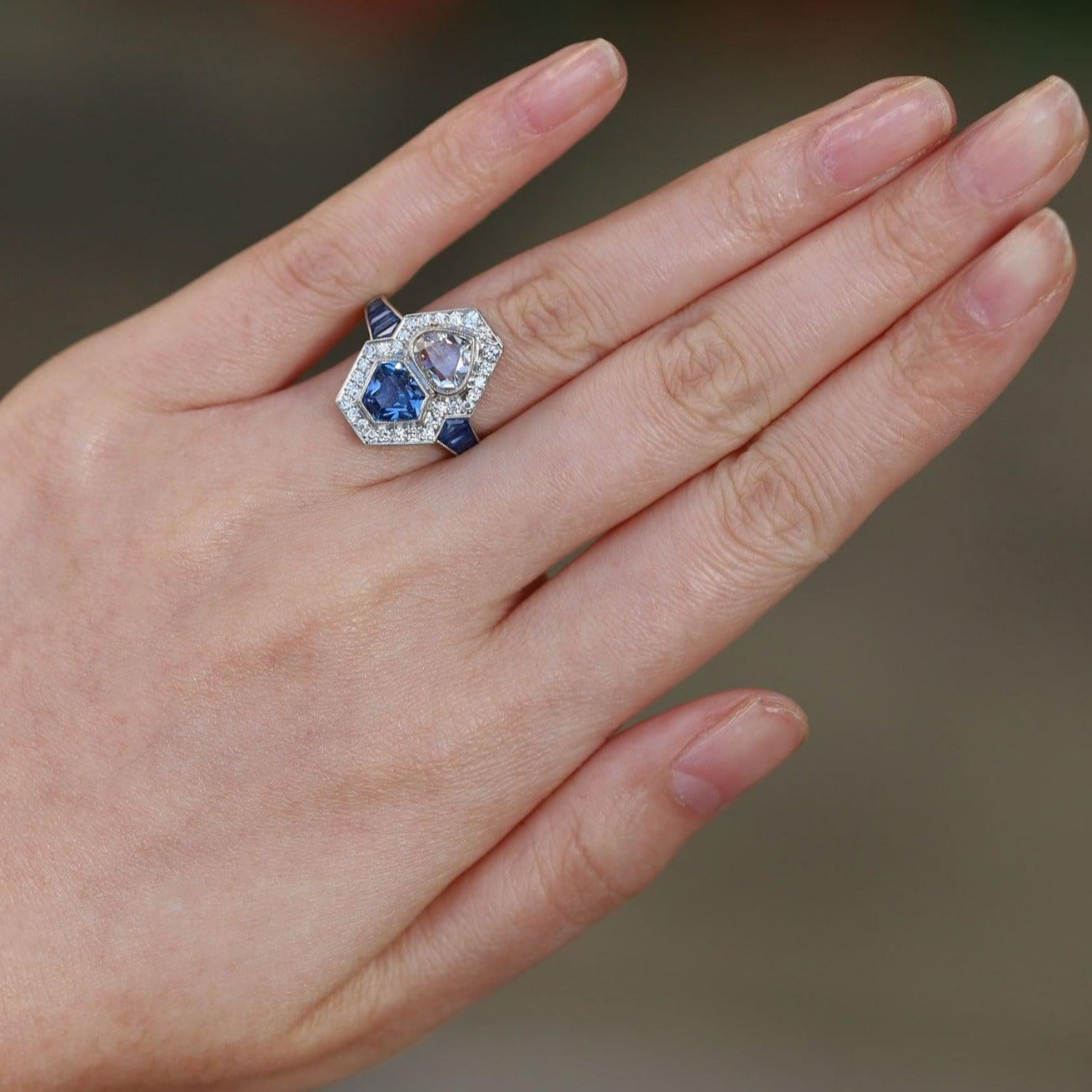 Art Deco Style Diamond & Sapphire Shield Cut Engagement Ring
