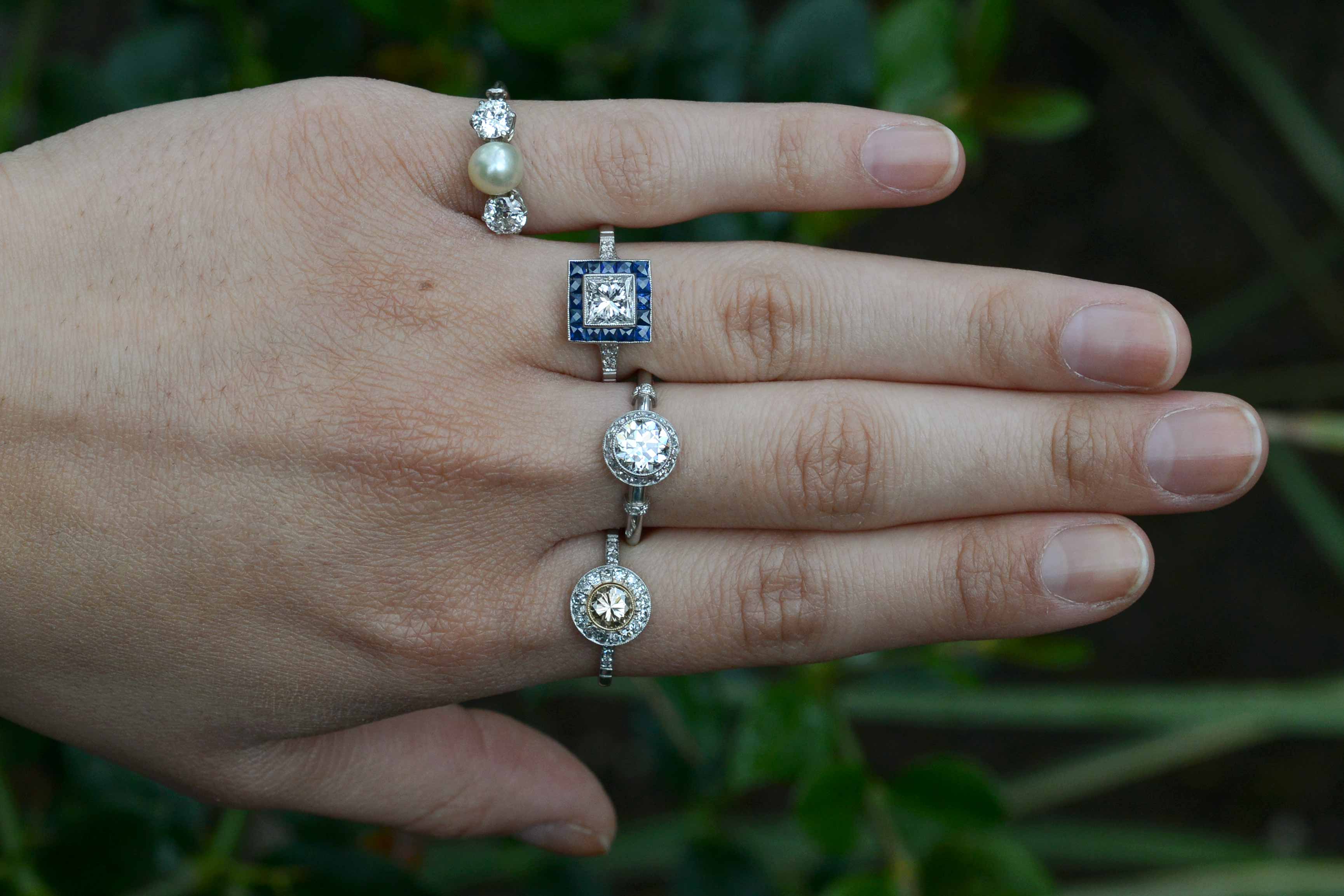 Art Deco Style Princess Cut Diamond Blue Sapphire Engagement Ring 1 Carat