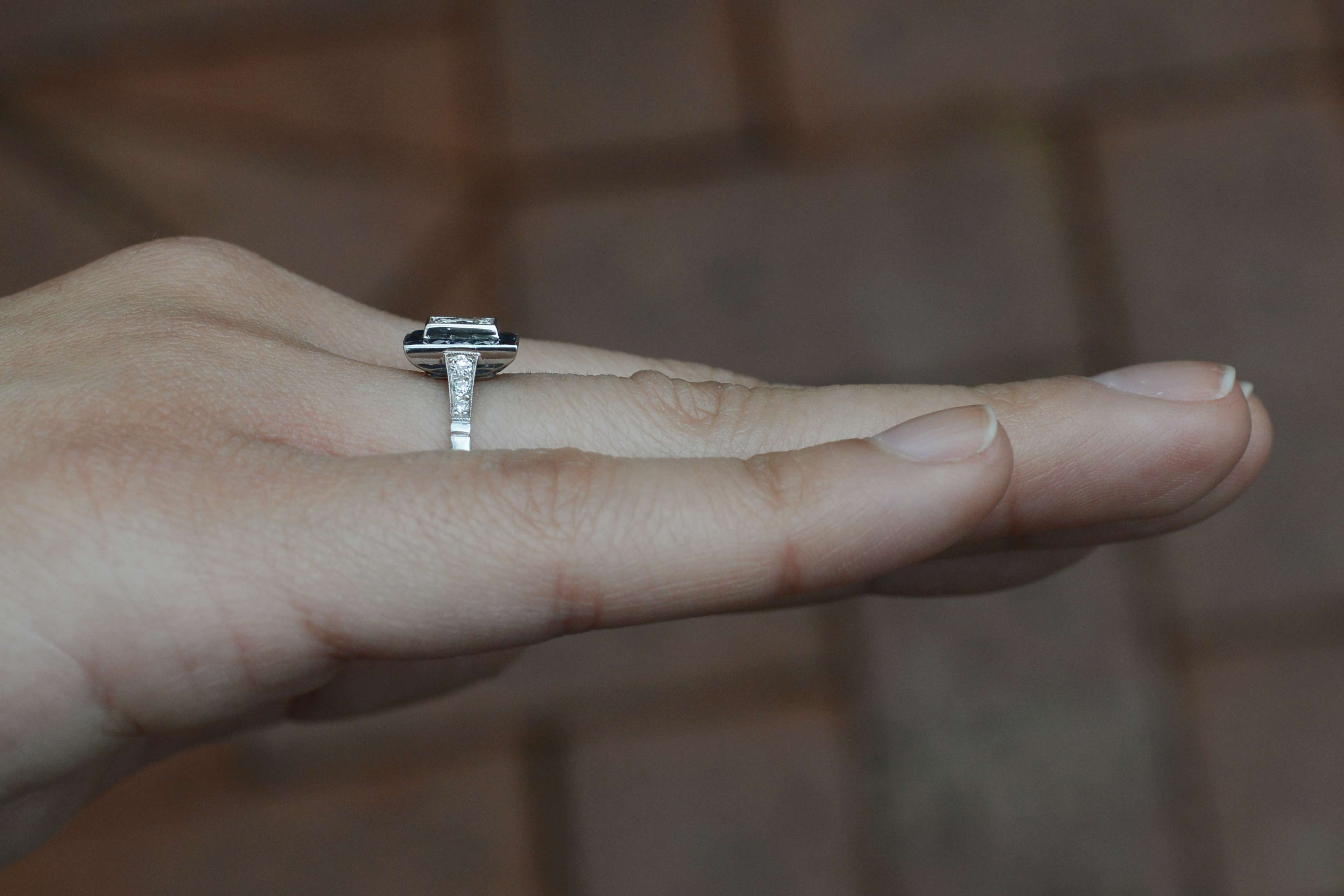 Art Deco Style Princess Cut Diamond Blue Sapphire Engagement Ring 1 Carat