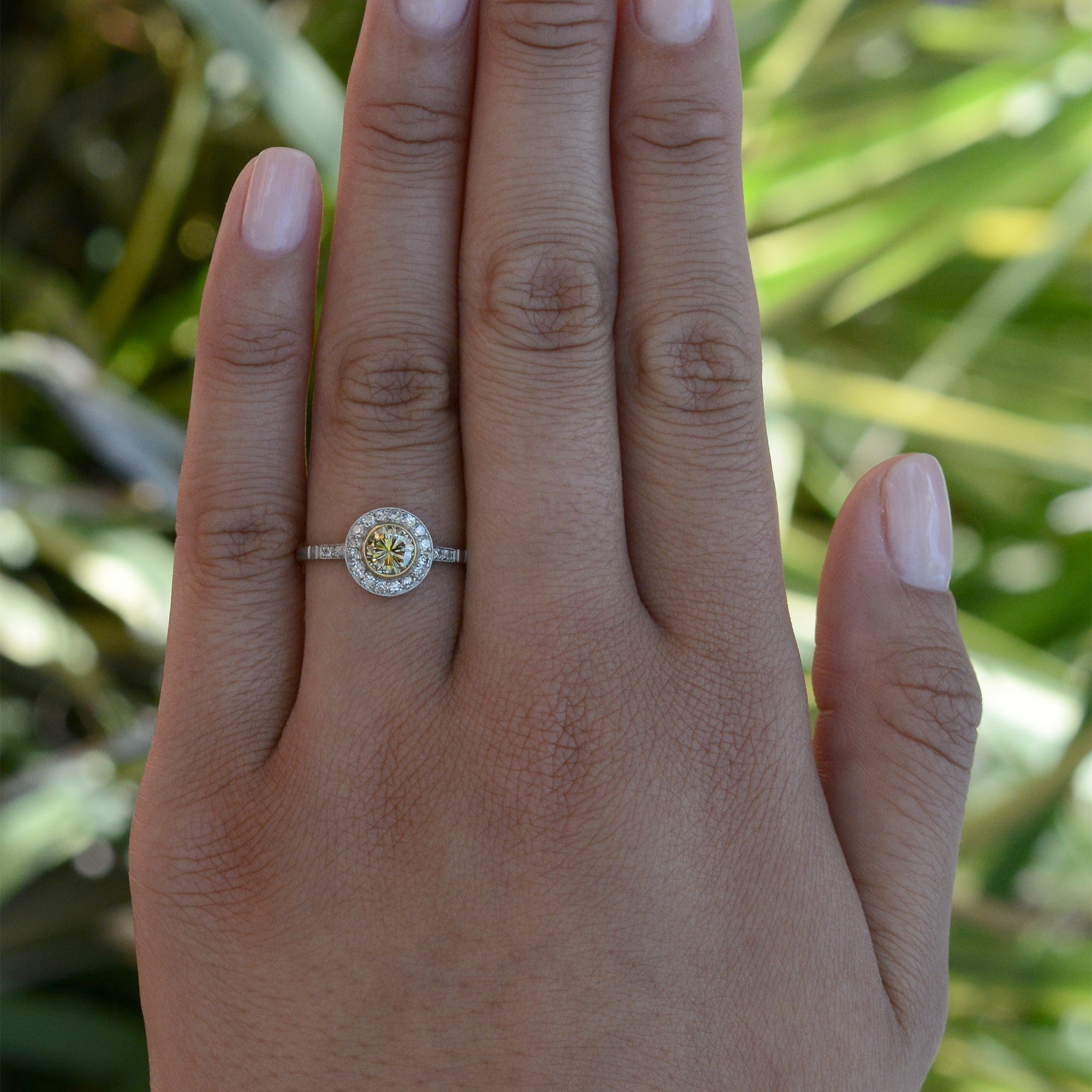 Art Deco Style Round Yellow Diamond Engagement Ring