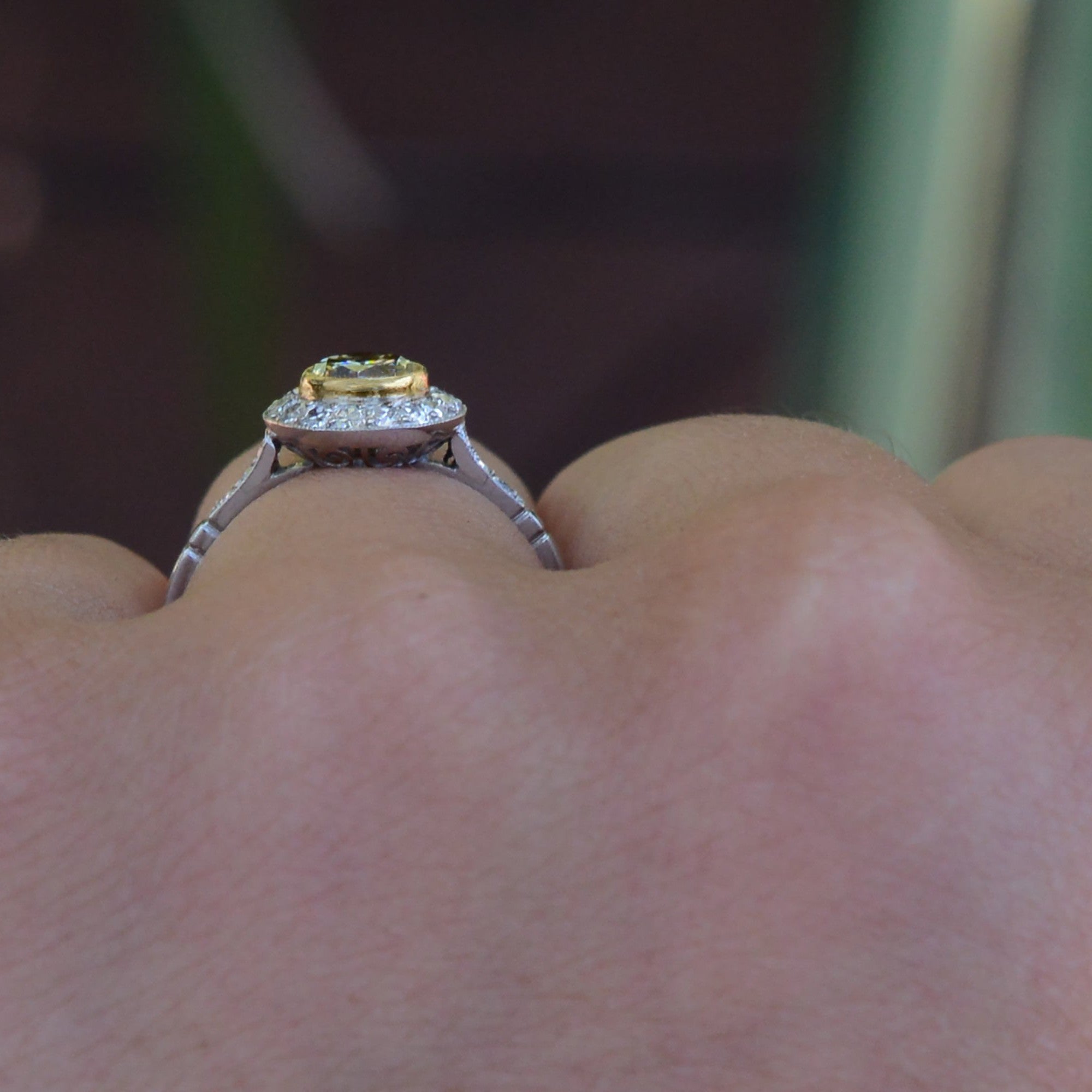 Art Deco Style Round Yellow Diamond Engagement Ring