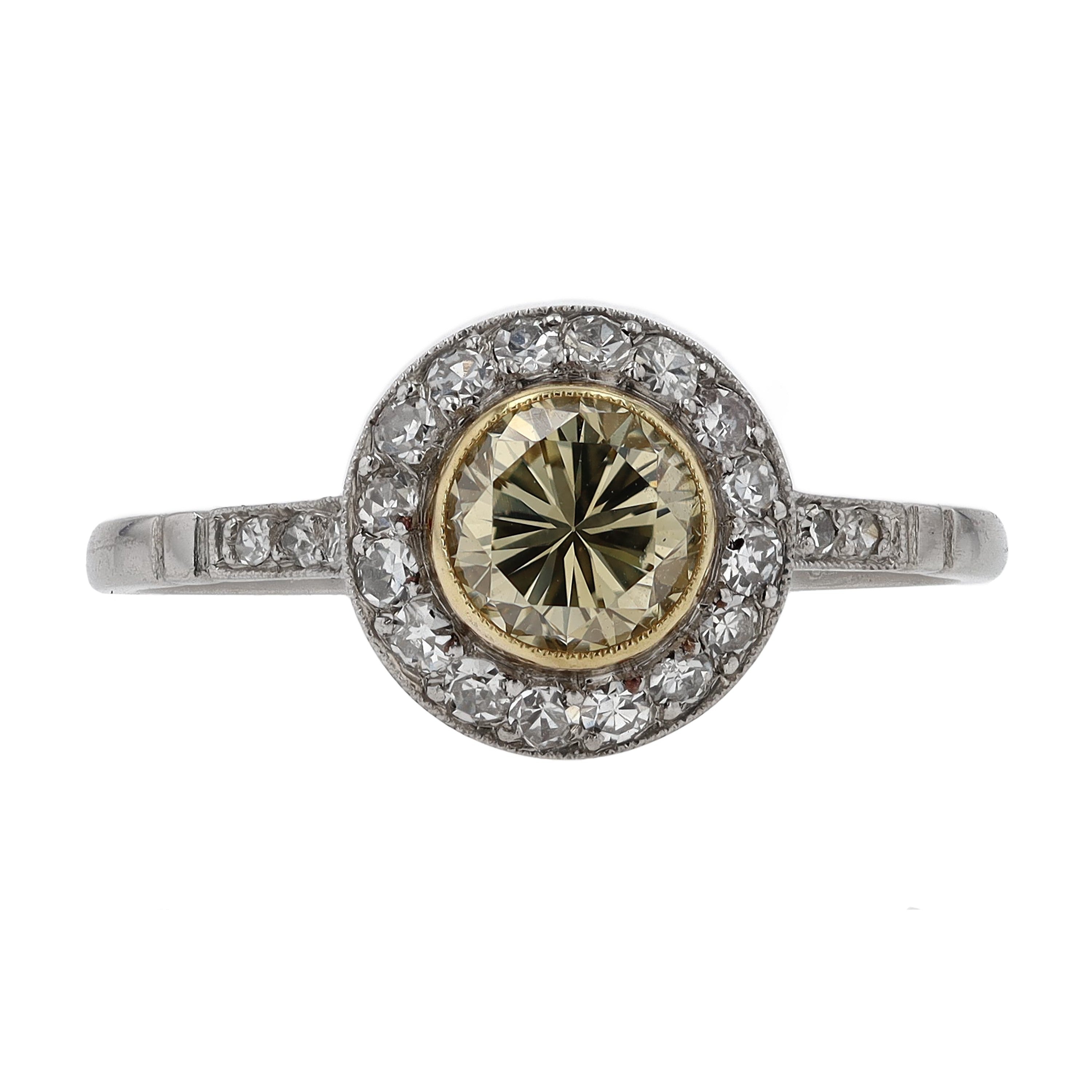 Art Deco Style Round Yellow Diamond Engagement Ring