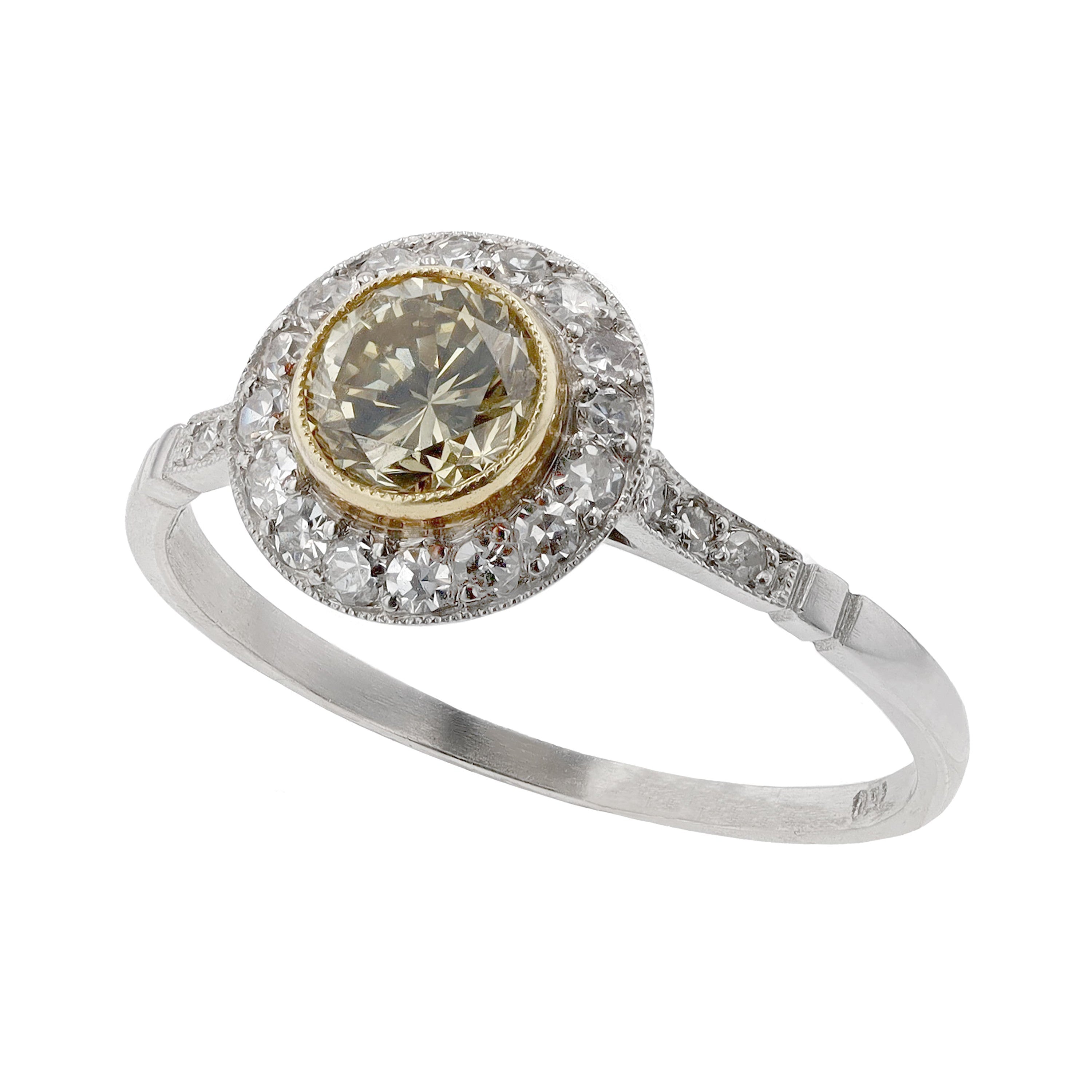 Art Deco Style Round Yellow Diamond Engagement Ring