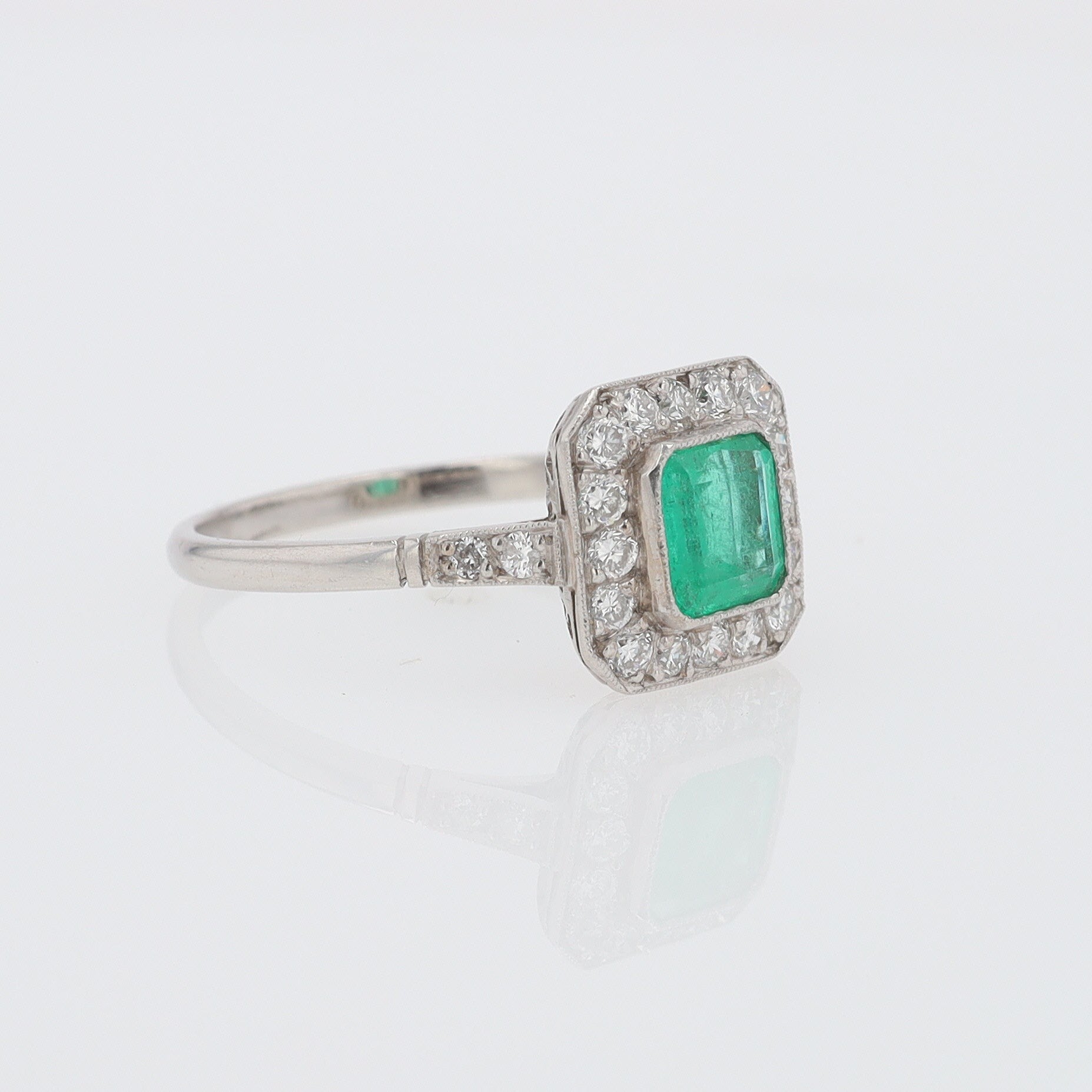 Art Deco Style Square Emerald Diamond Engagement Ring